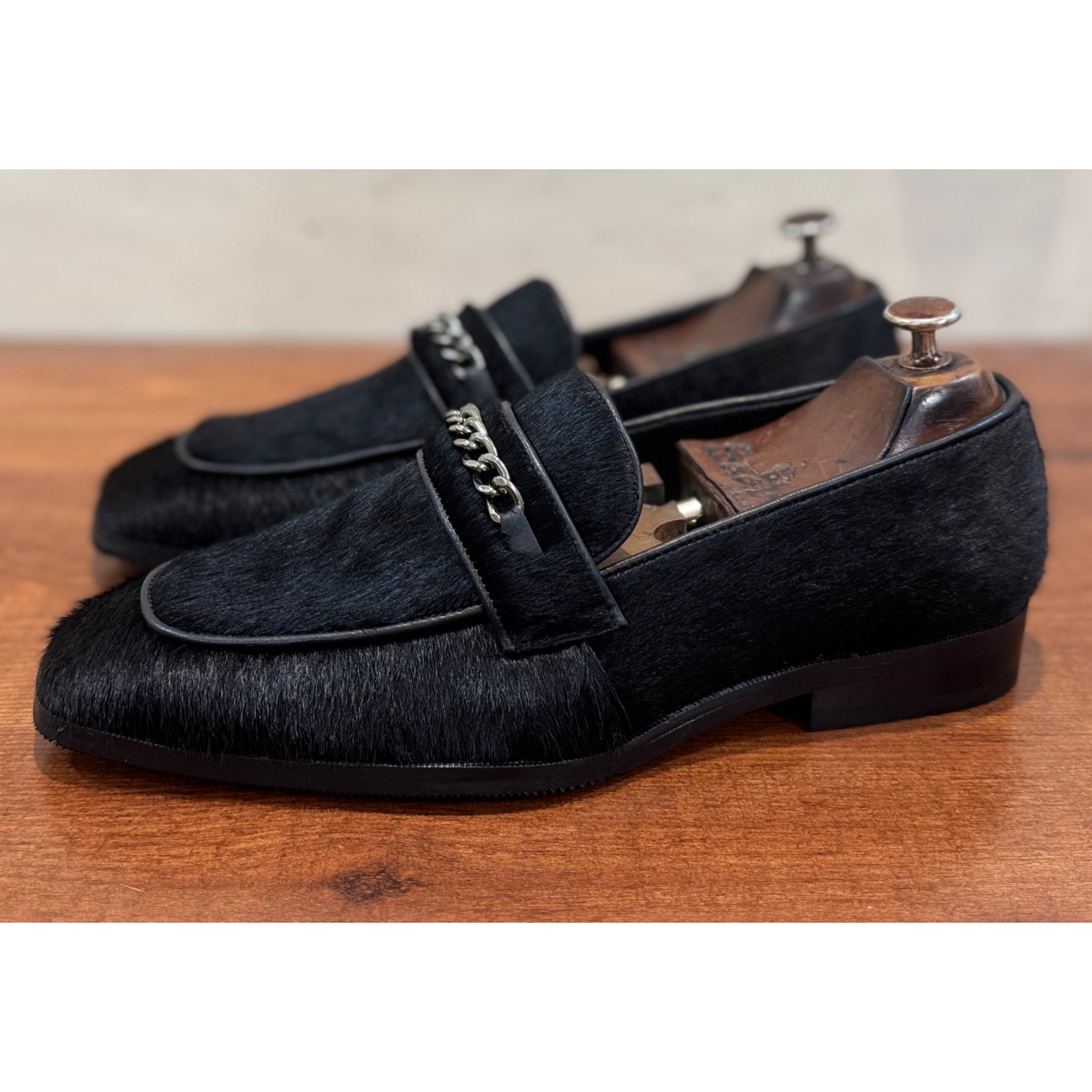 Black Hairon Loafers With Chain