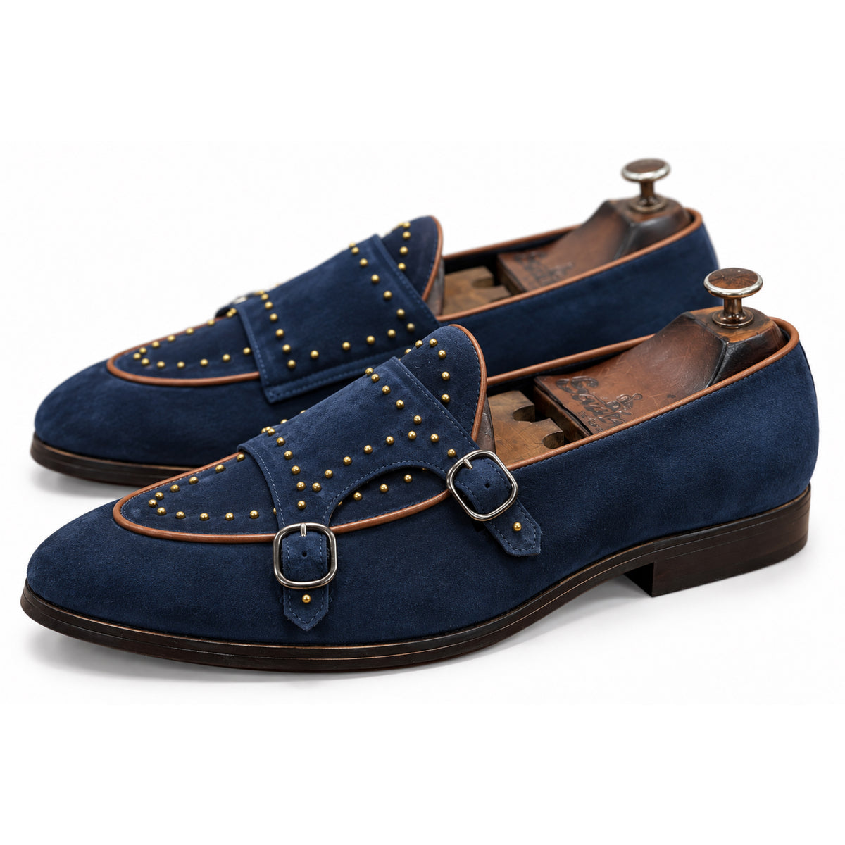 Navy Blue Double Monk Strap Shoes for Men | Studded Formal Shoes