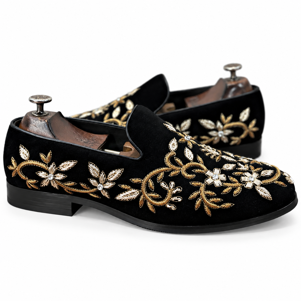Noor Black Embroidered Velvet Loafers