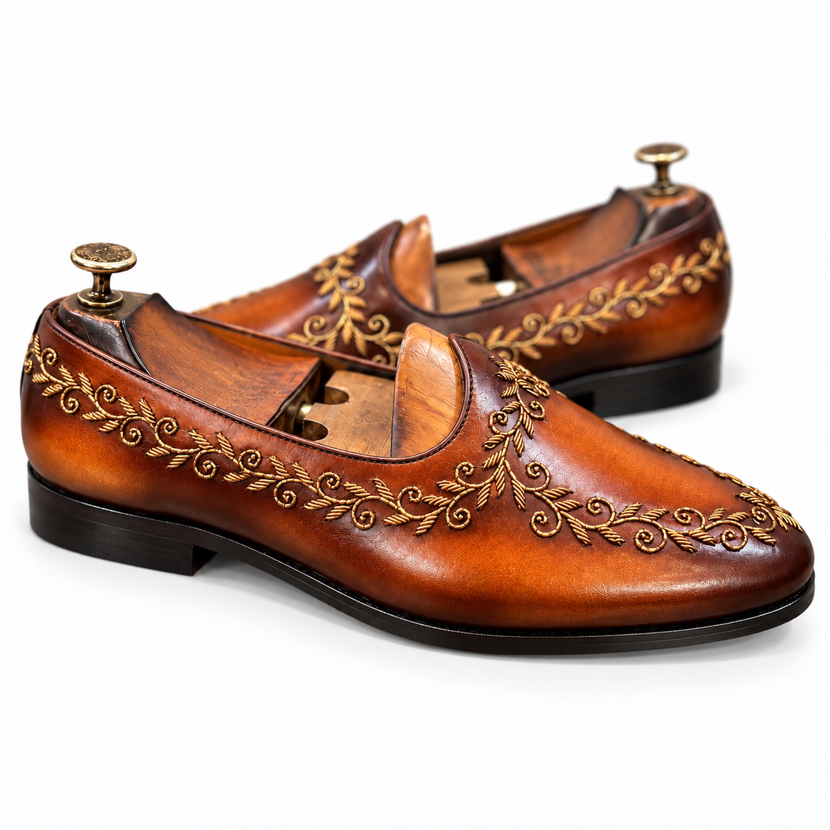 Raja Cognac Embroidered Leather Jalsa