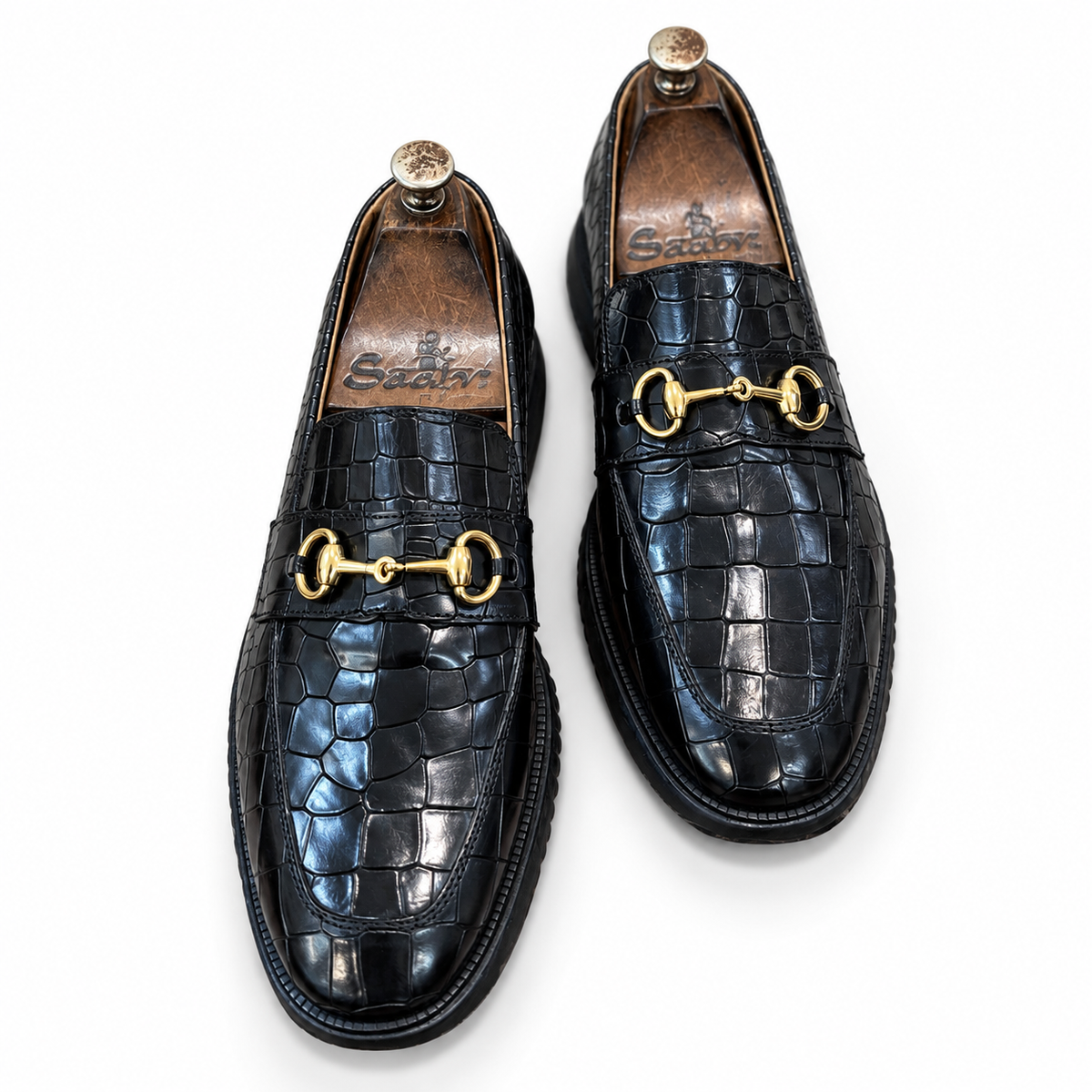 Noir Croco Lug-Sole Horsebit Loafers