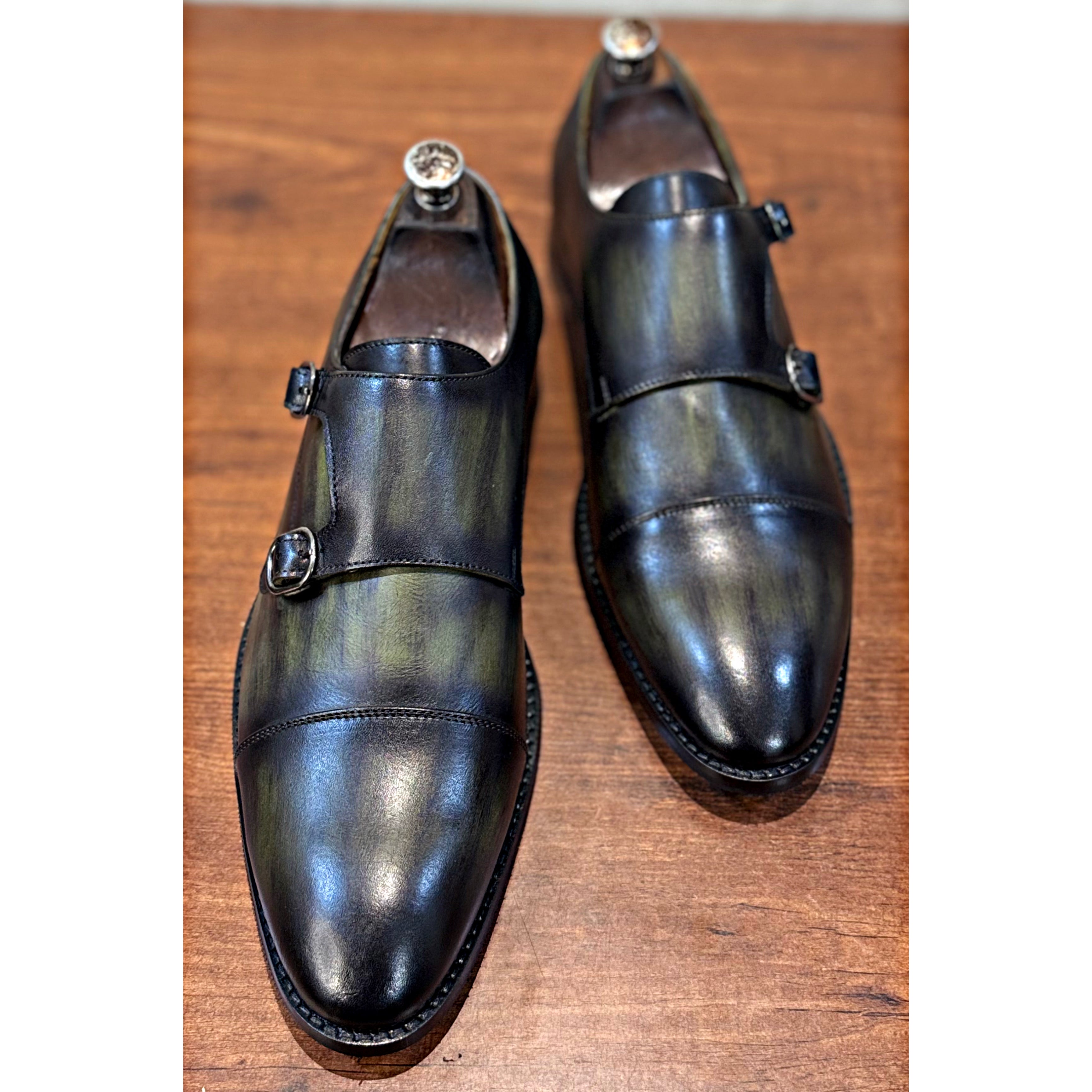Green Leather Toe Cap Double Monk Straps