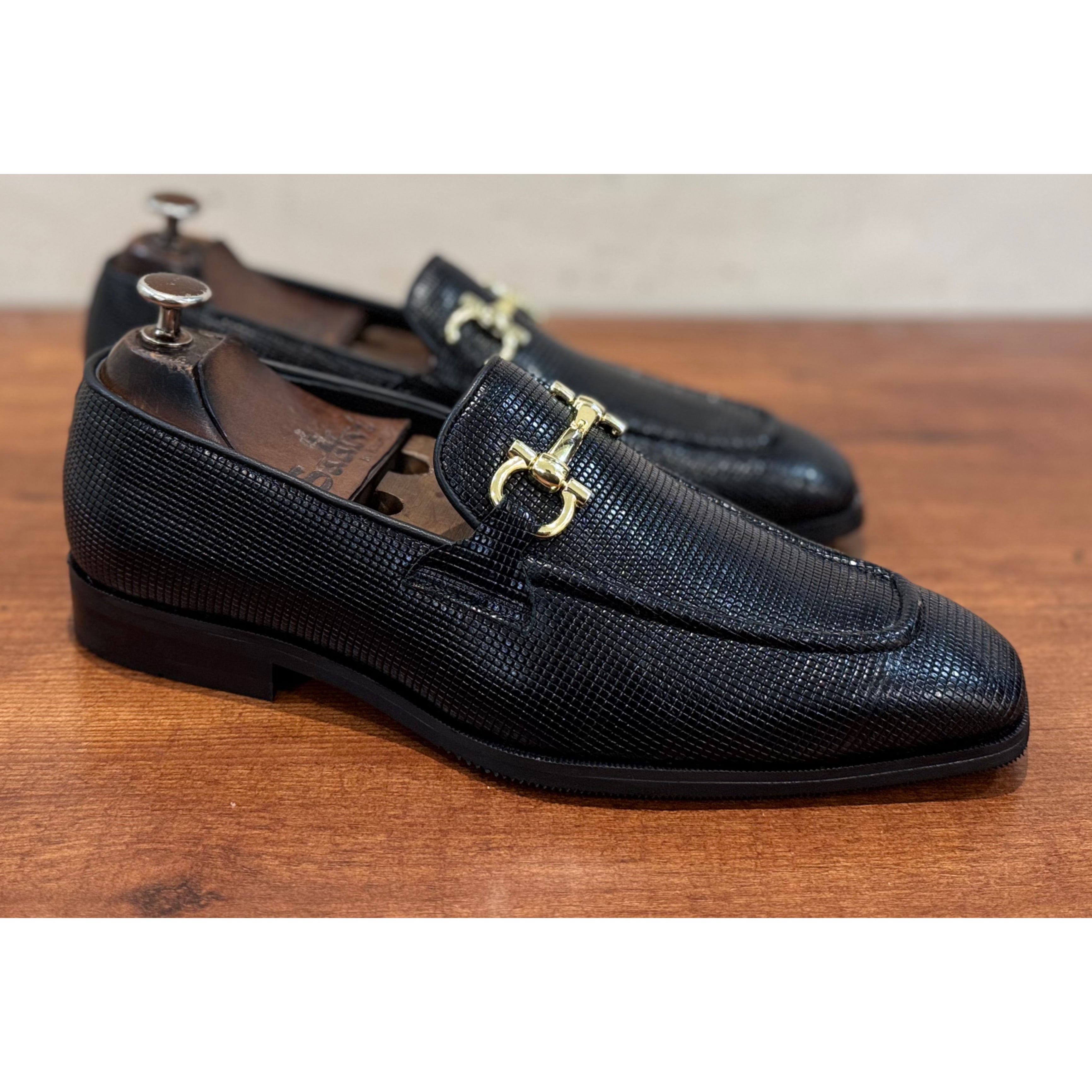Black Loafers With Golden Buckle