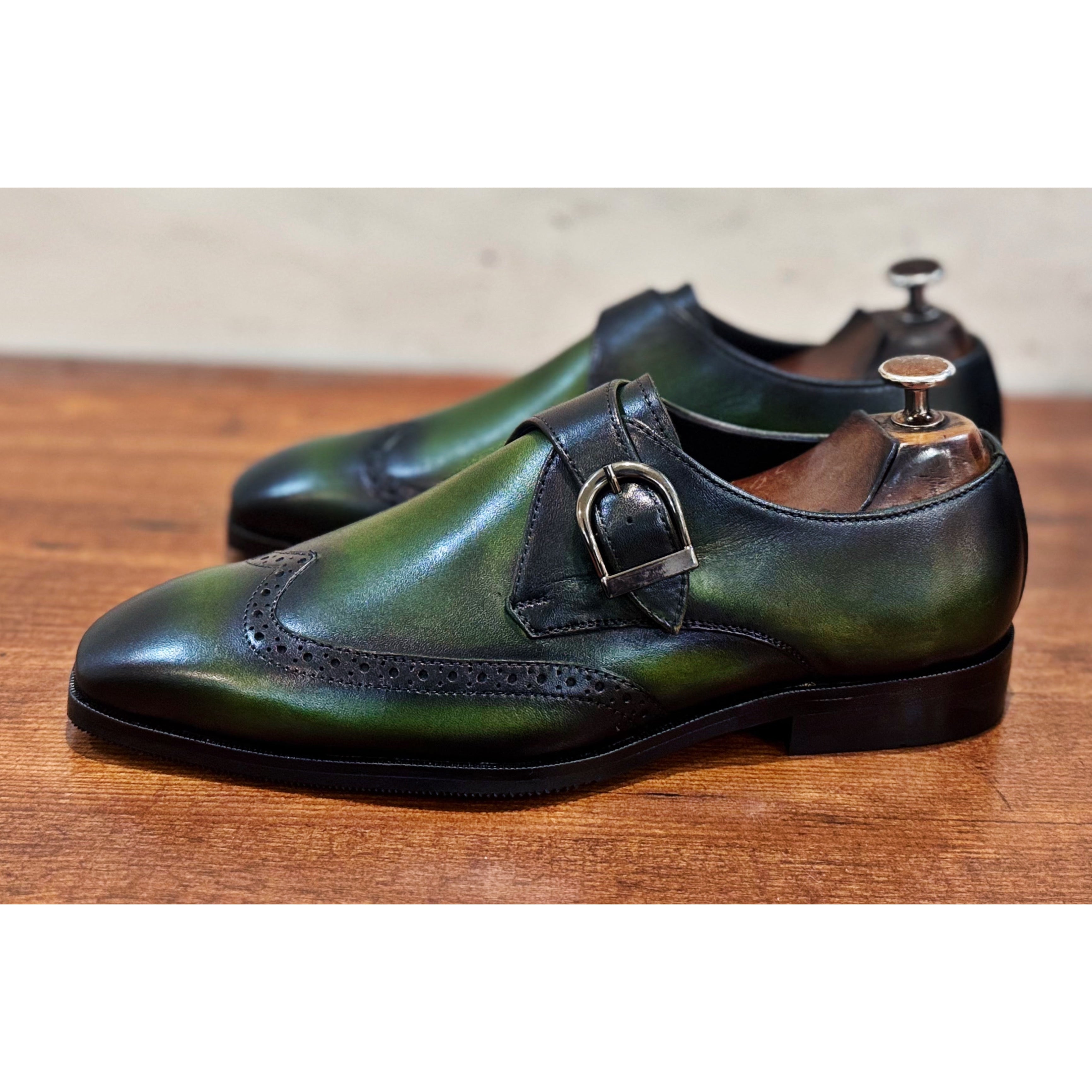 Green Single Monk Strap Hand Patina