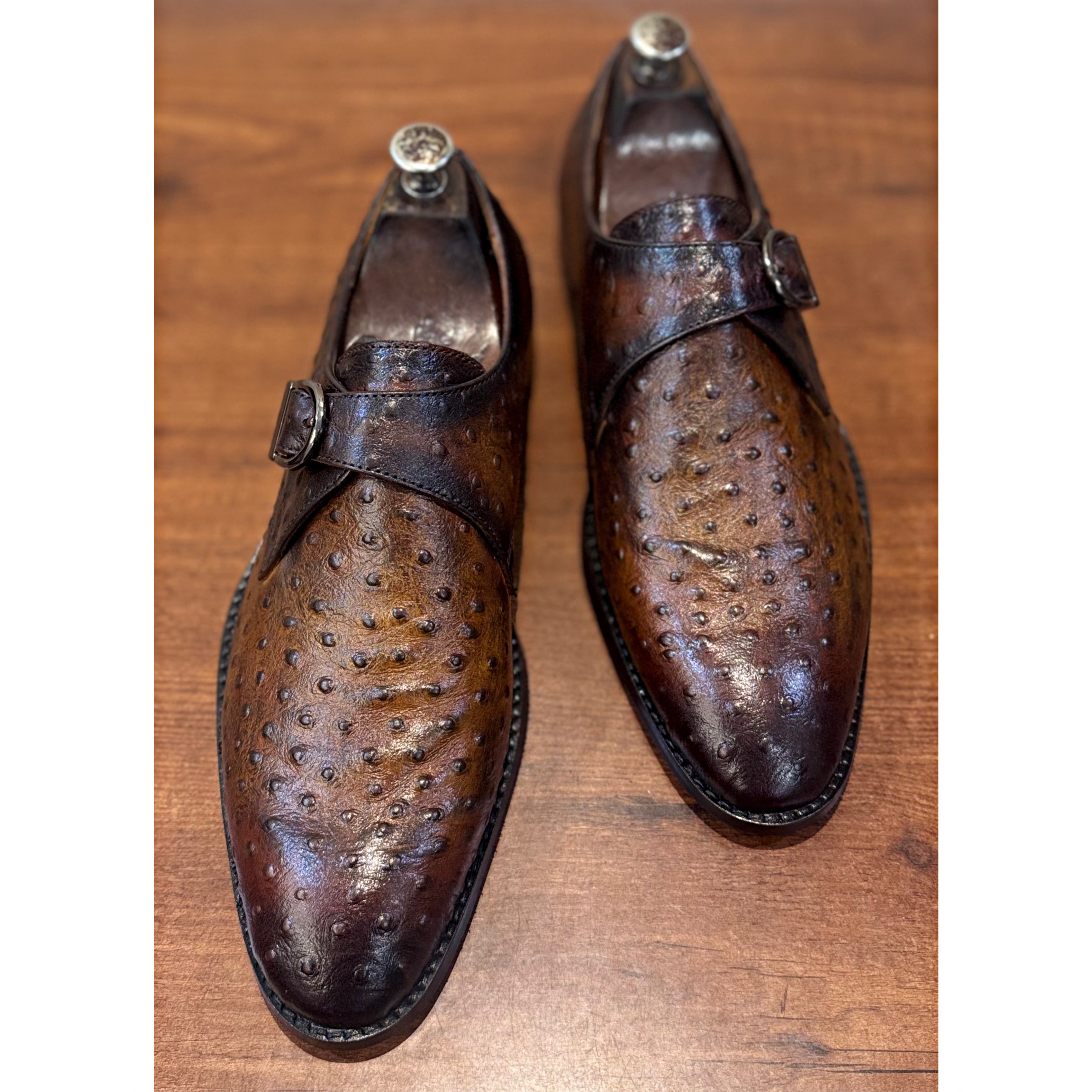 T Brown Ostrich Single Monk Straps