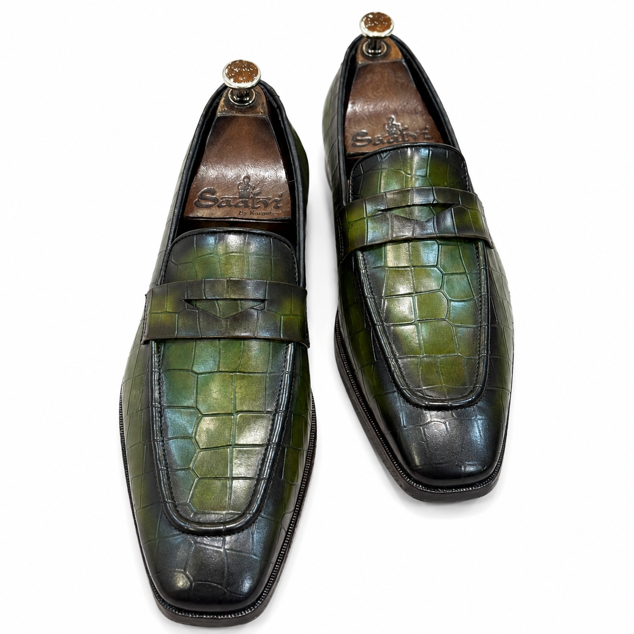 Green Hand Patina Penny Loafers