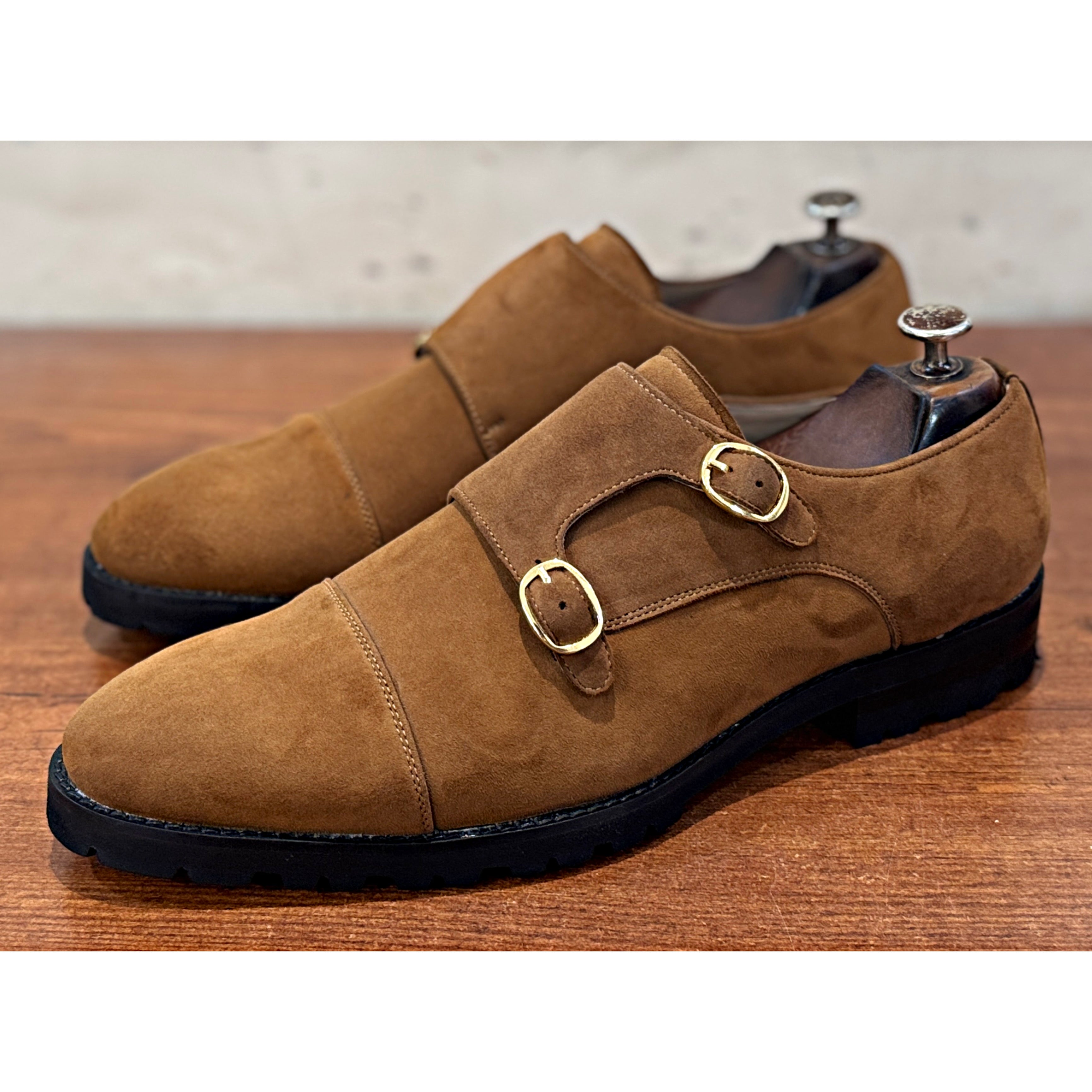 Sahara Suede Double Monk Strap Shoes – Luxury Tan Suede Monks
