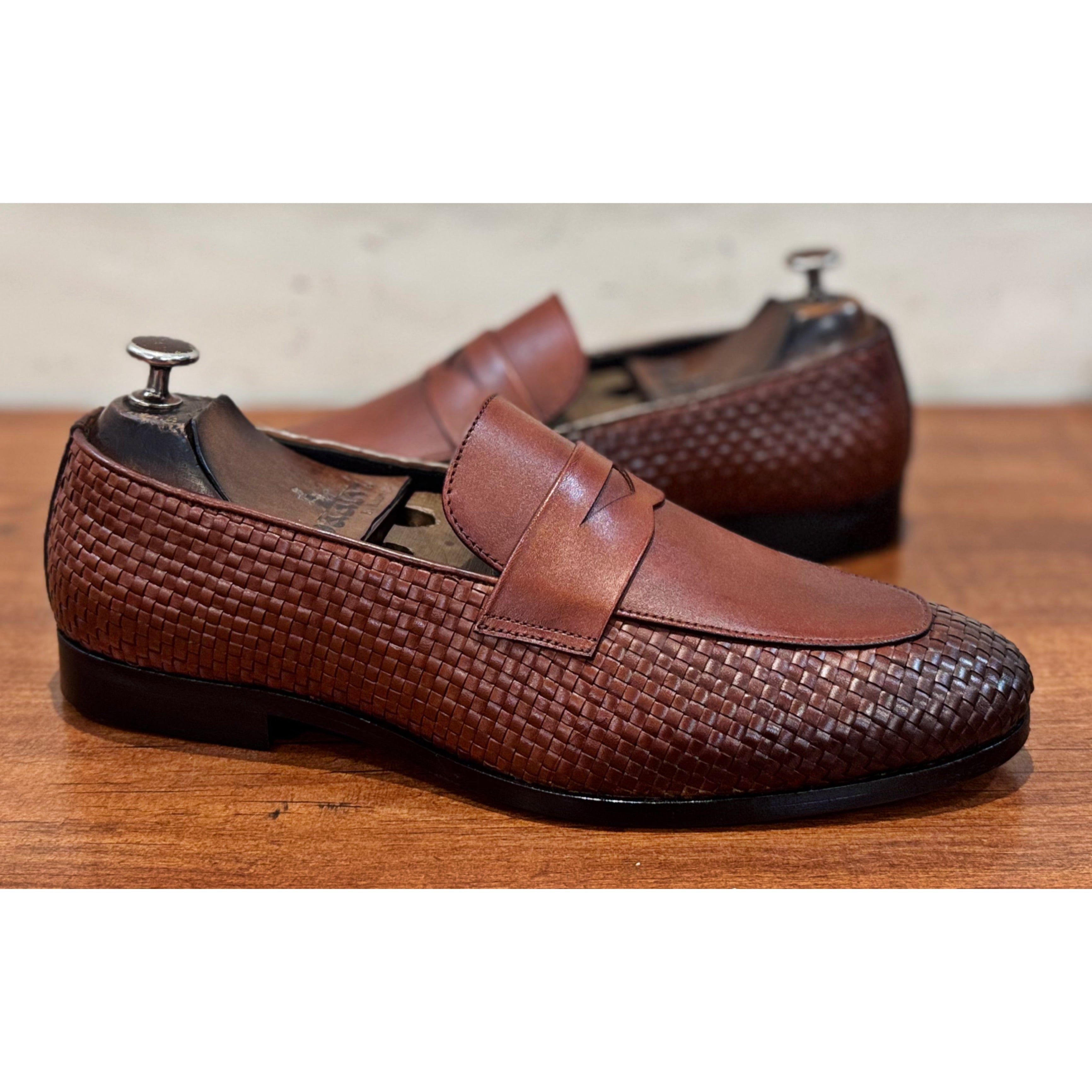 Tan Weave Penny Loafers