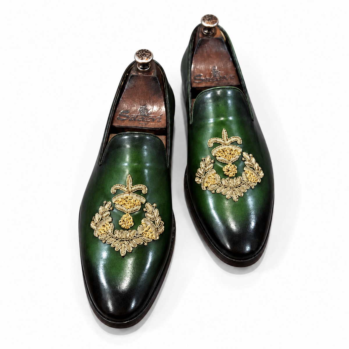 Viridian Royale – Emerald Green Gold Embroidered Loafers