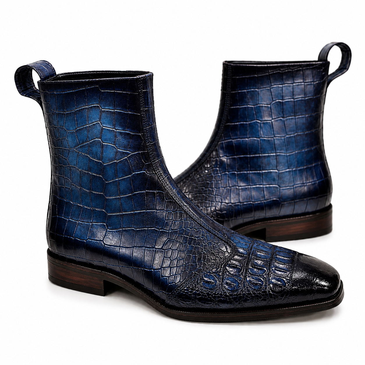 Midnight Navy Croc-Embossed Leather Chelsea Boots
