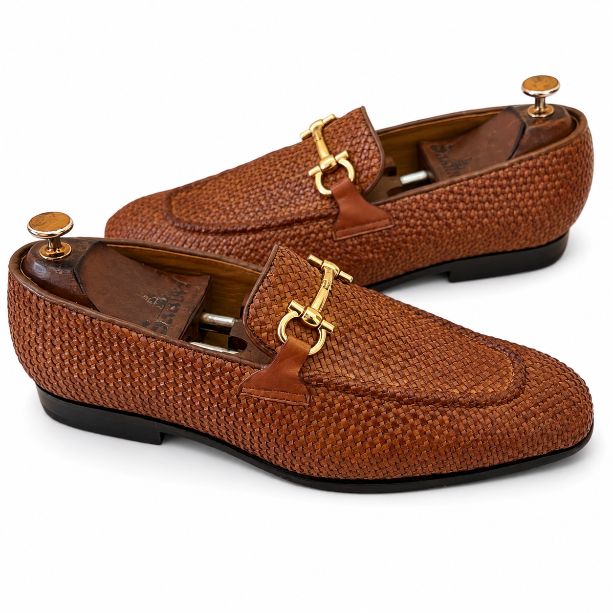 Tan Weave Loafers With Metal Trim