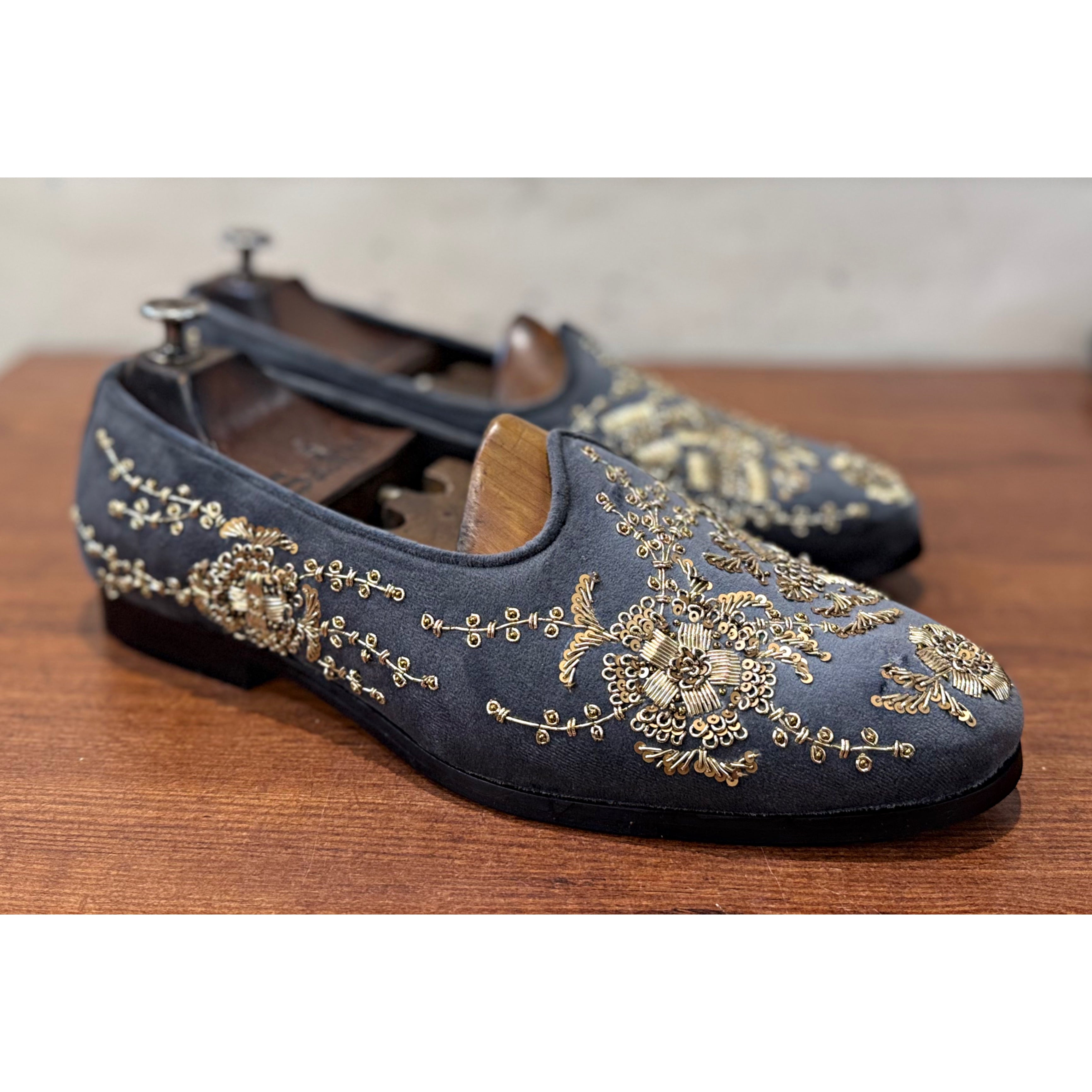 Grey Velvet Gold Zardosi Embroidery Jalsa