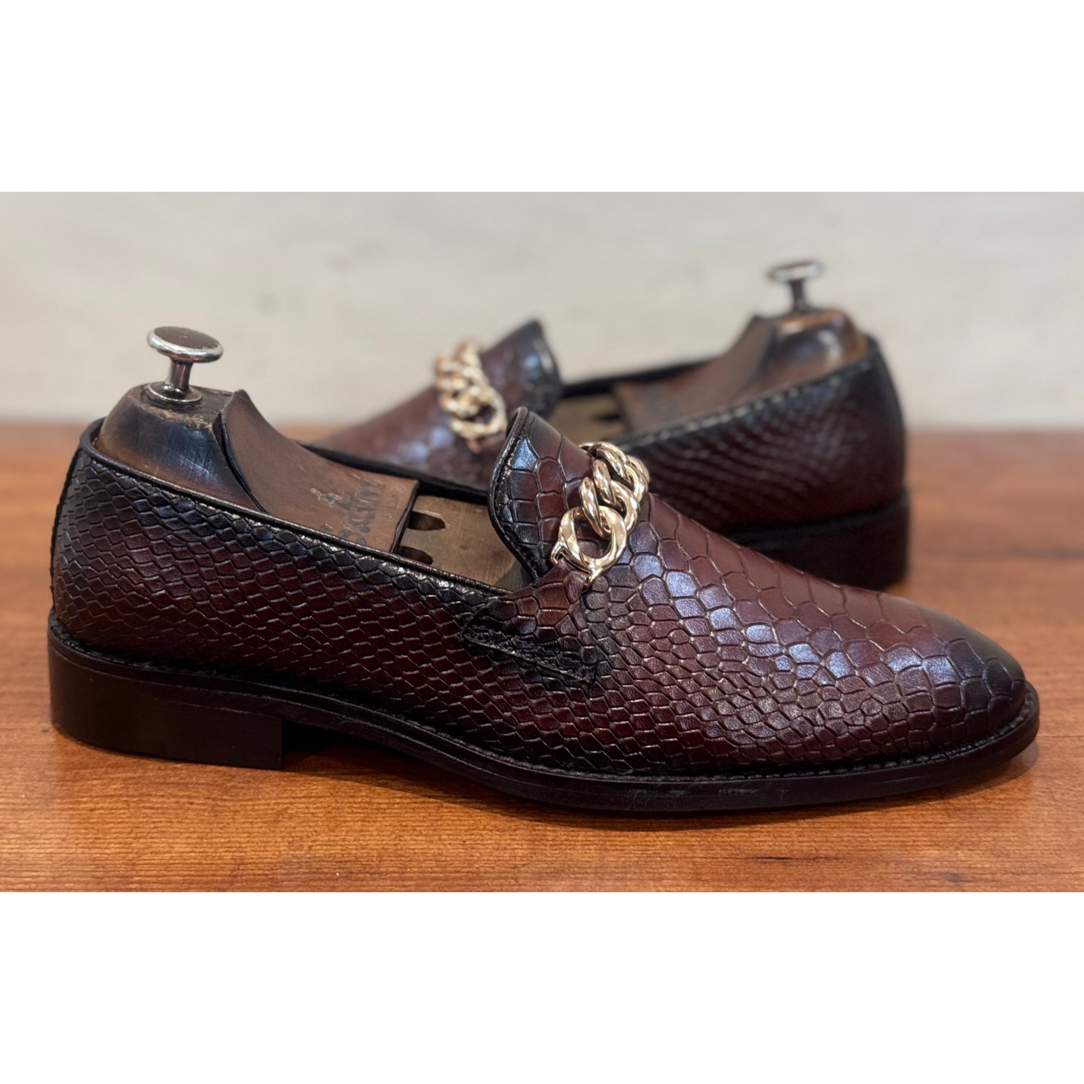 Python Embossed Loafers With Chain