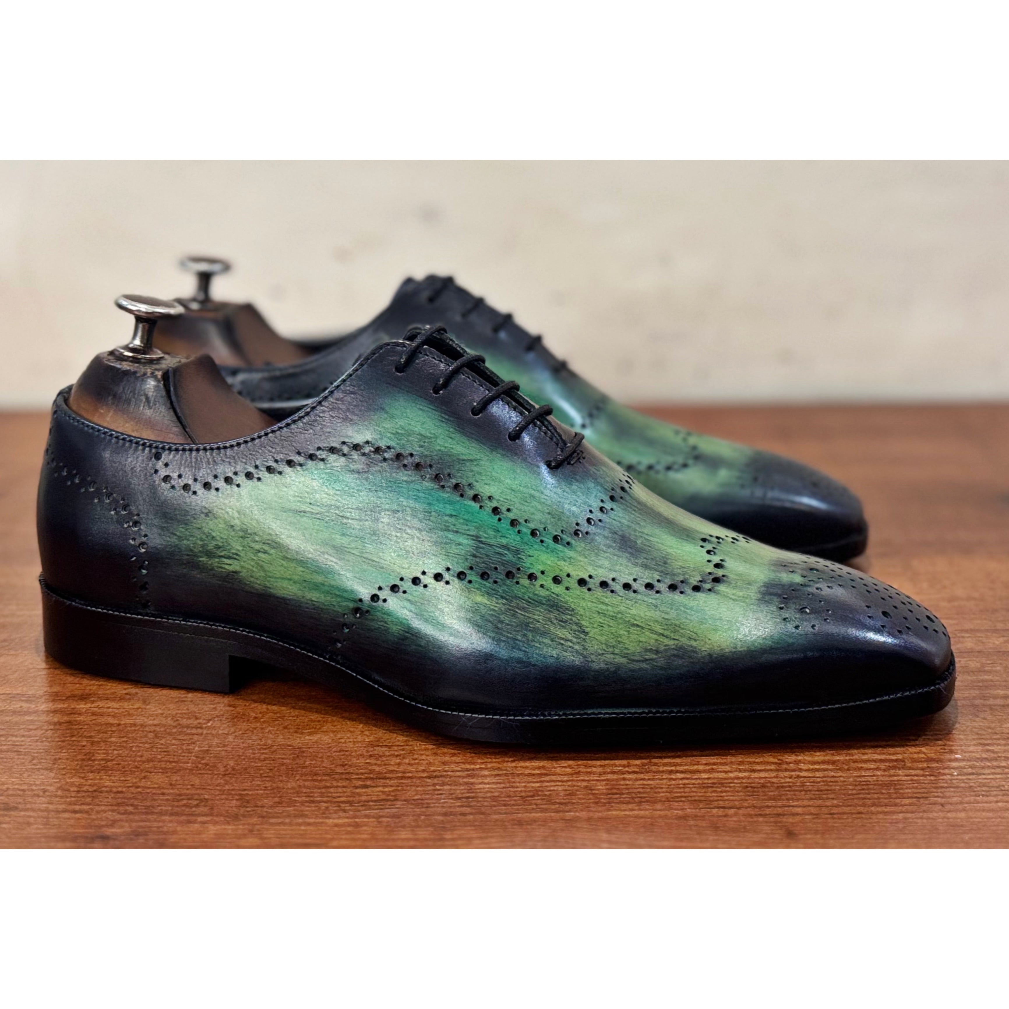 Green Wholecut Laceups Hand Patina
