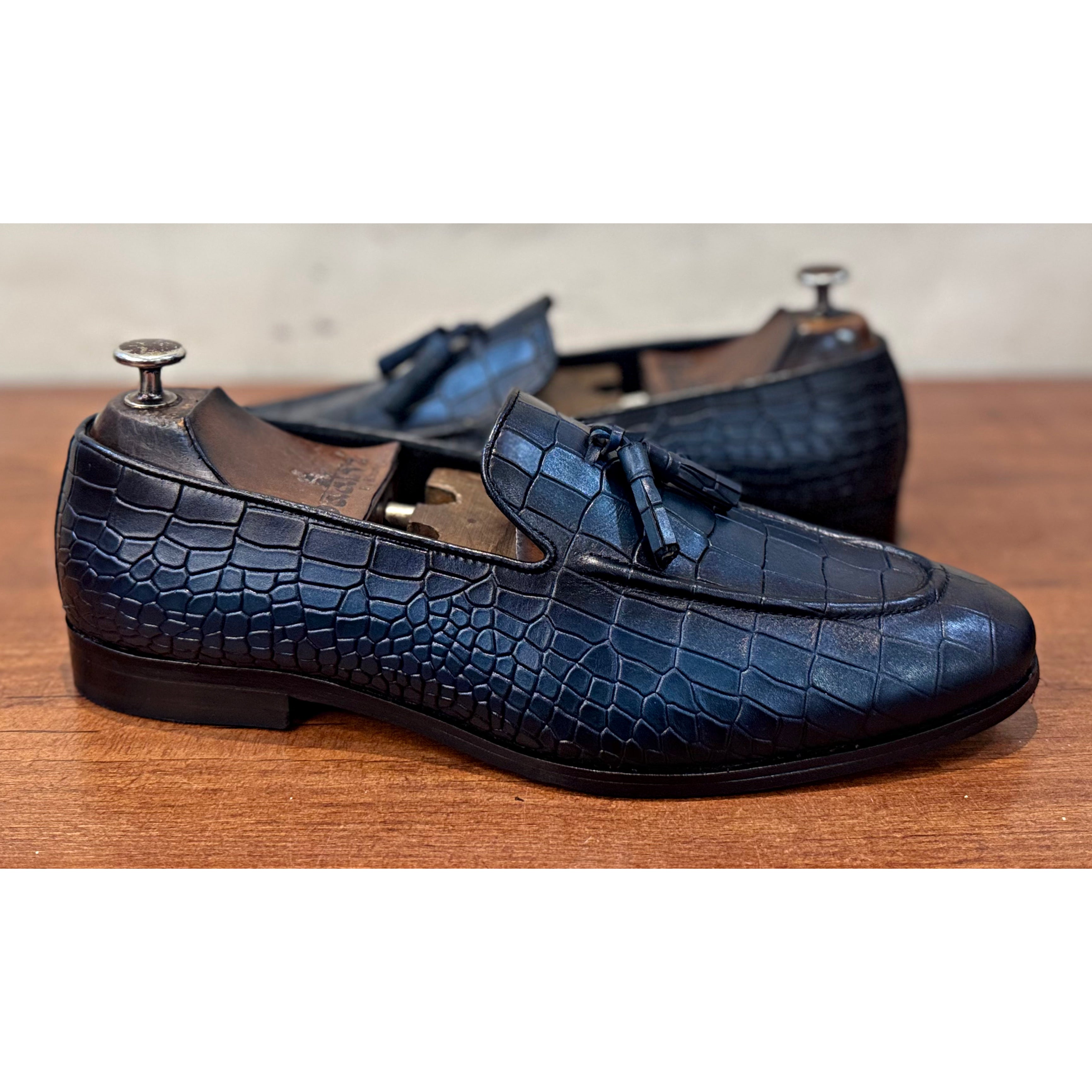 Blue Croco Loafers With Tassels