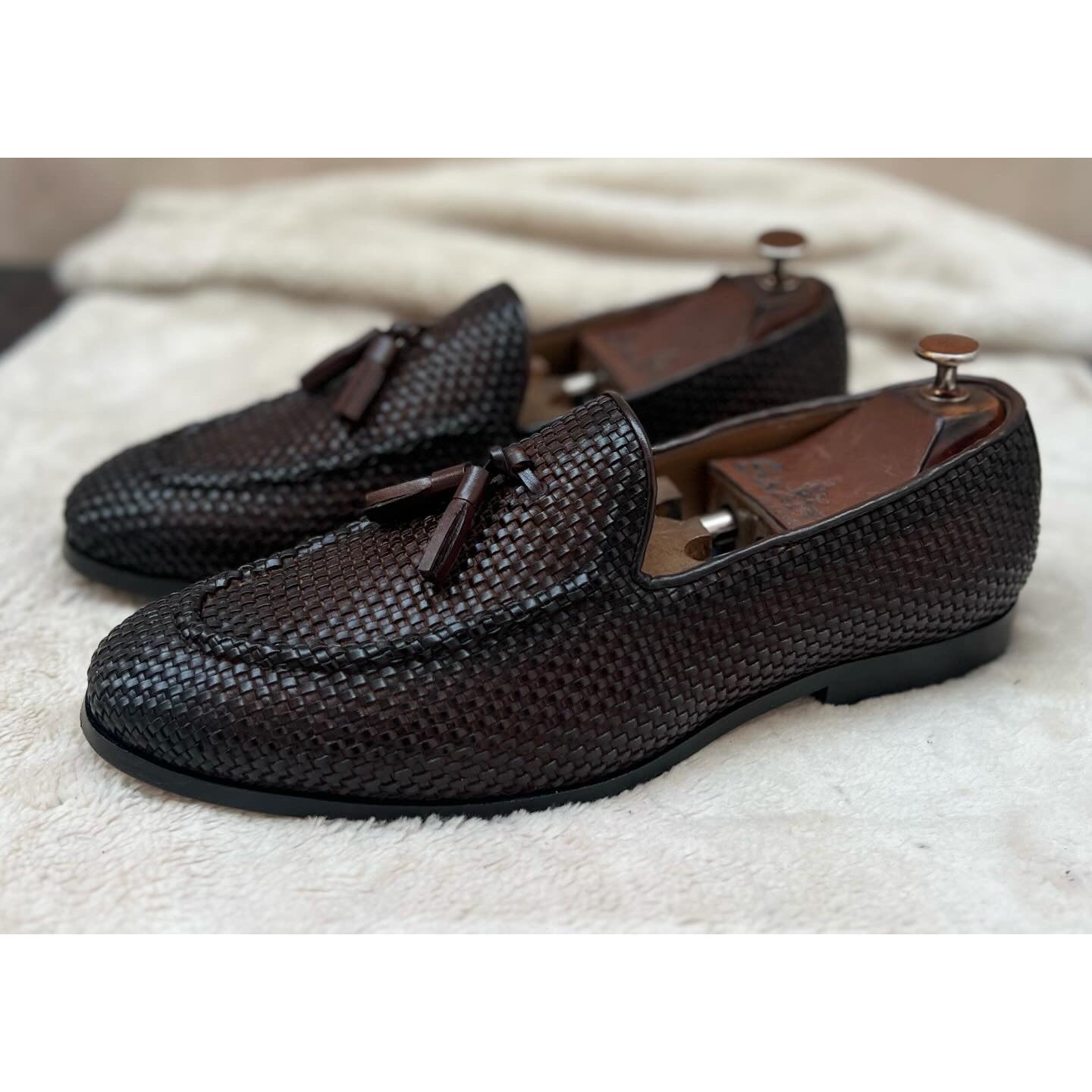 Brown Hand Woven Loafers With Tassels