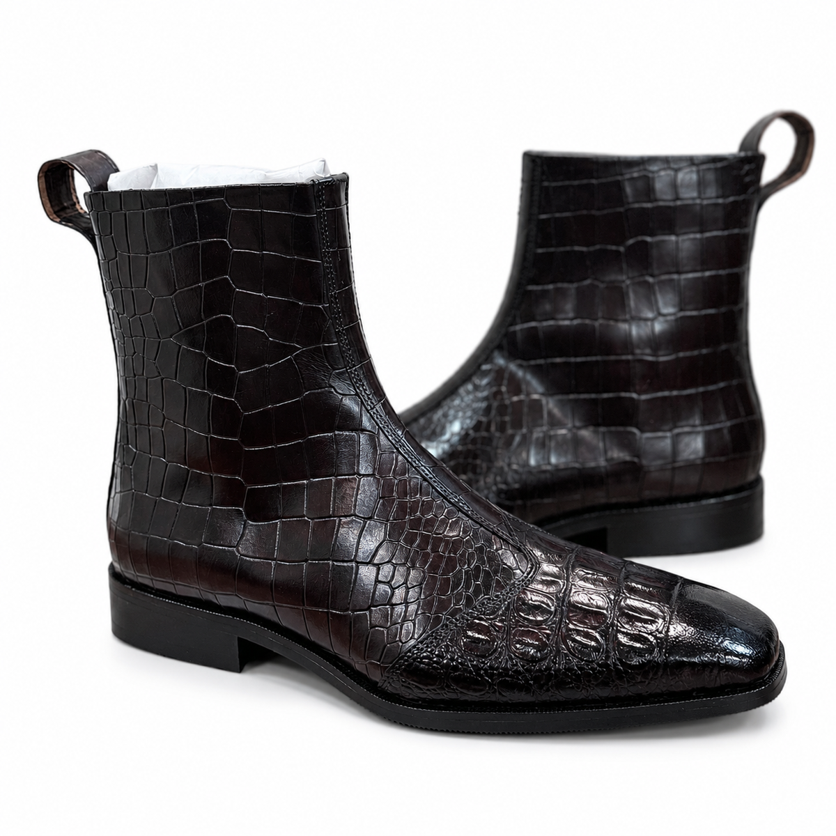 Dark Brown Croc-Embossed Leather Chelsea Boots