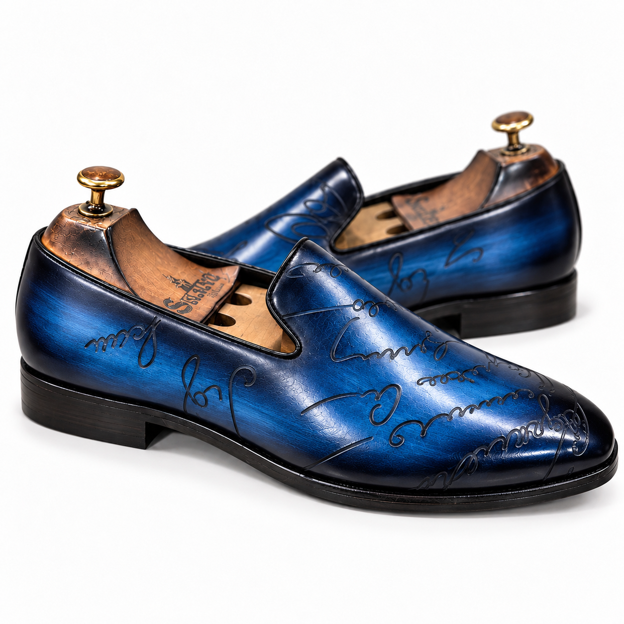 Saalvi Artisan Script Midnight Blue Leather Loafers