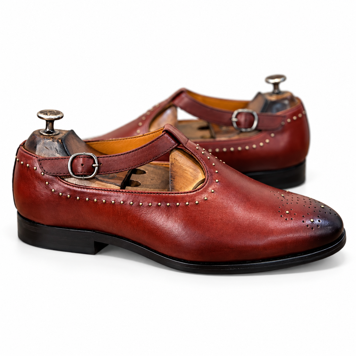 Burgundy Studded T-Bar Sandals