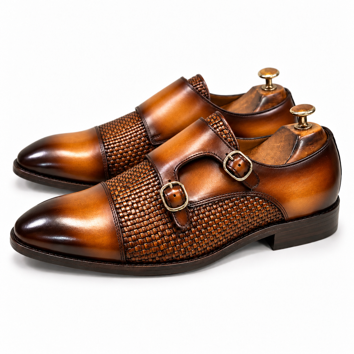 Aureo Cognac — Cognac Brown Hand-Patina Double Monk Strap