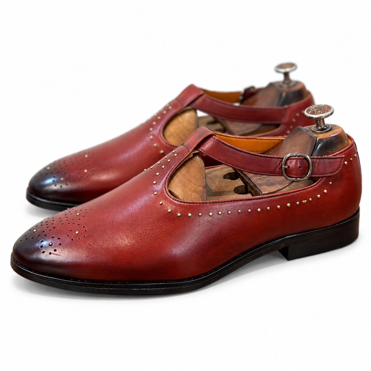 Burgundy Studded T-Bar Sandals