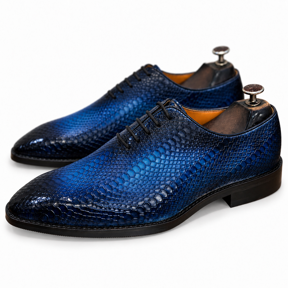 Royal Blue Crocodile-Embossed Oxford Shoes
