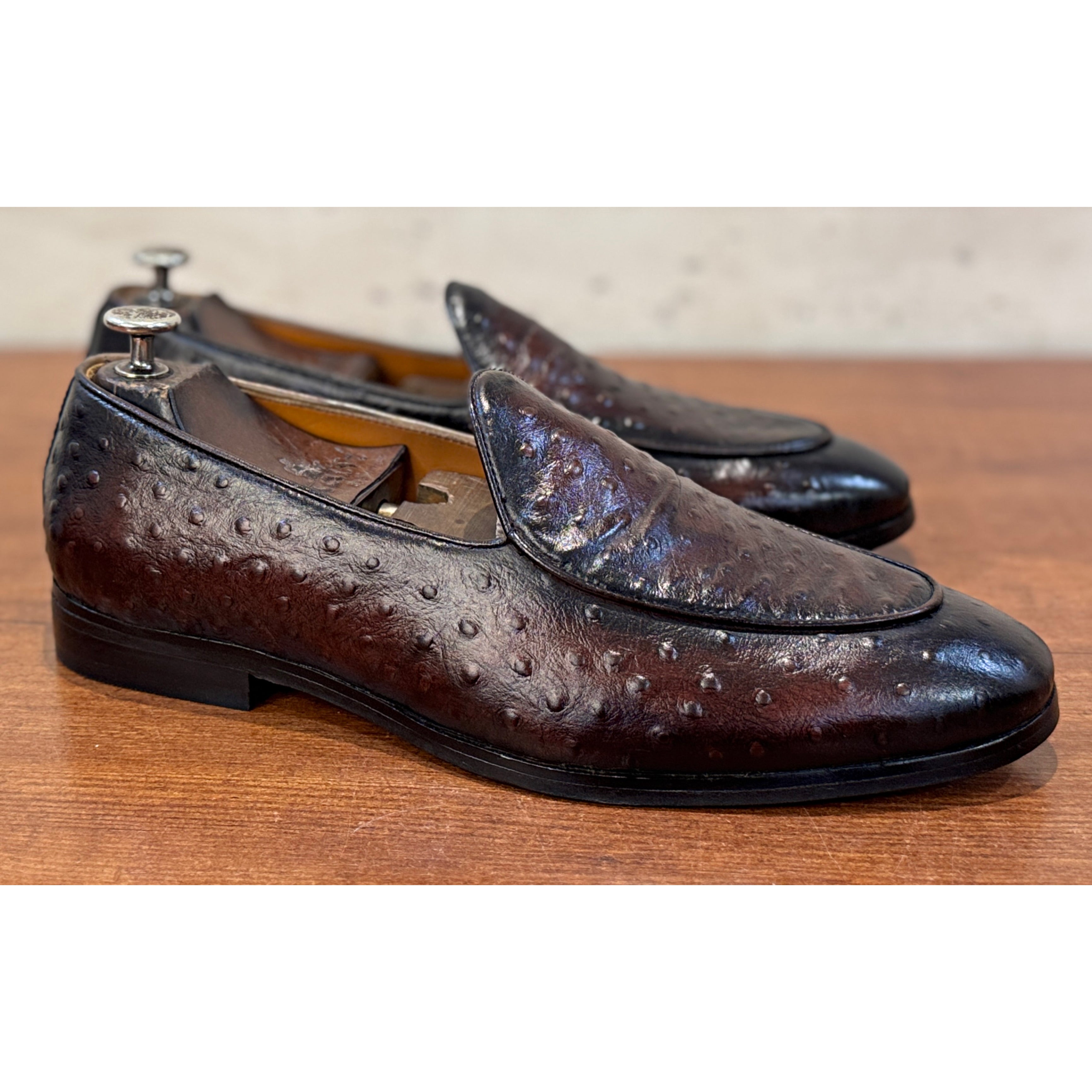 Men’s Dark Brown Ostrich-Embossed Leather Loafers – Luxury Slip-On Dress Shoes