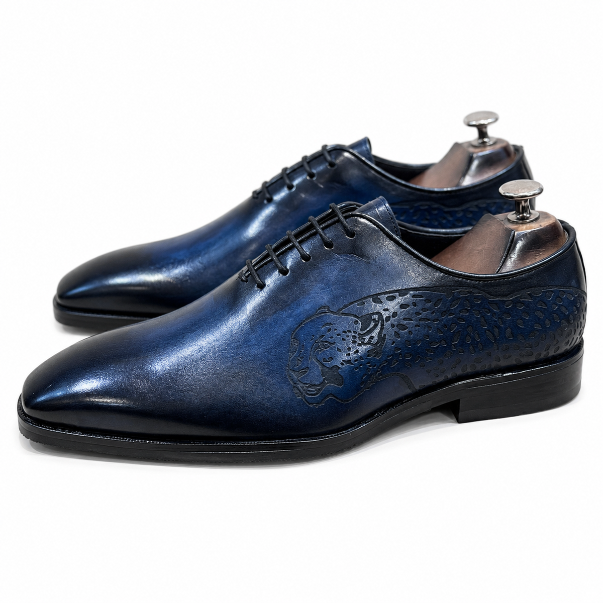 Royal Blue Tiger Wholecut Hand-Finished Leather Shoes