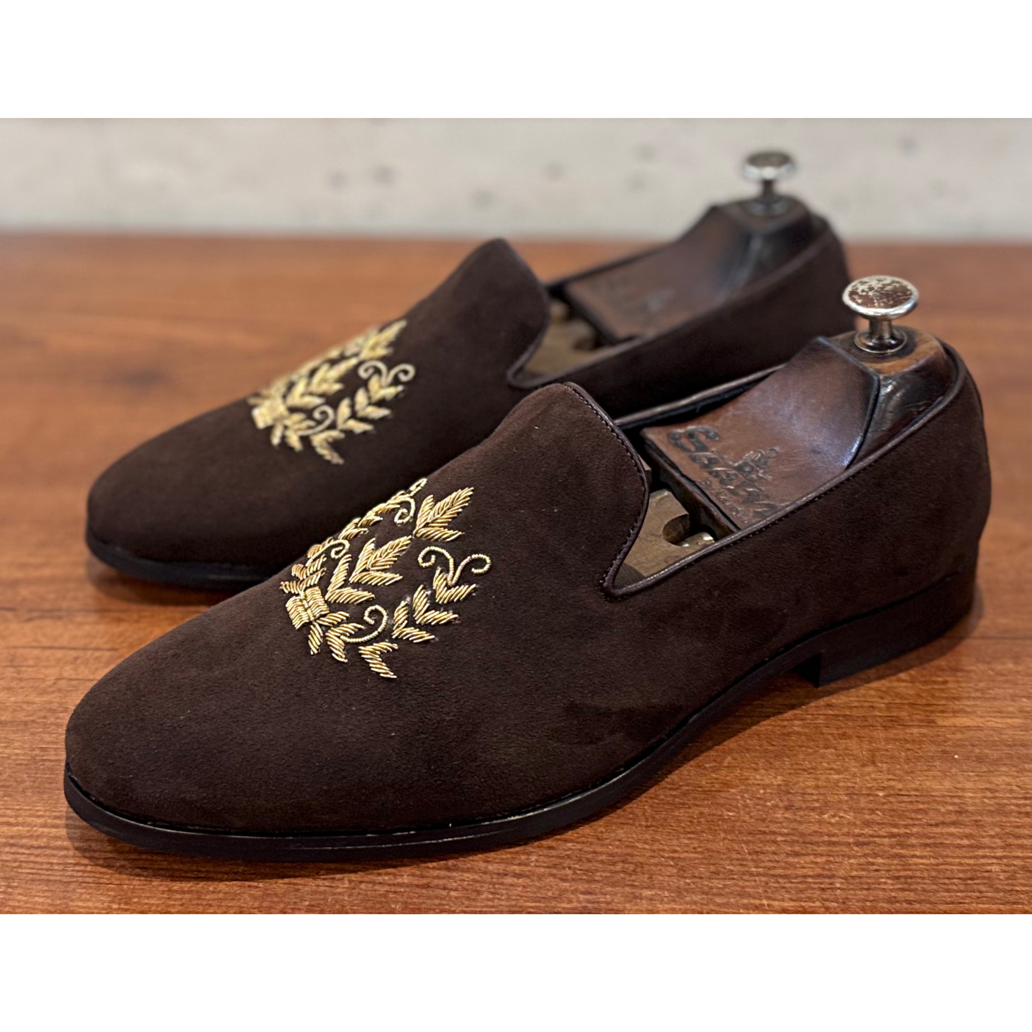 Brown Suede Leaf Embroidery Slipons