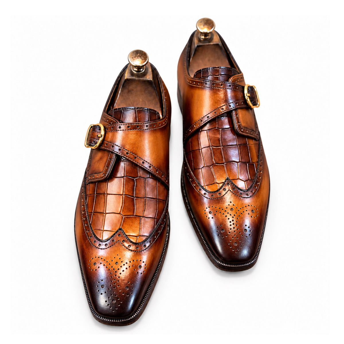 Aurelio Cognac Hand-Patina Single Monk Brogue Shoes