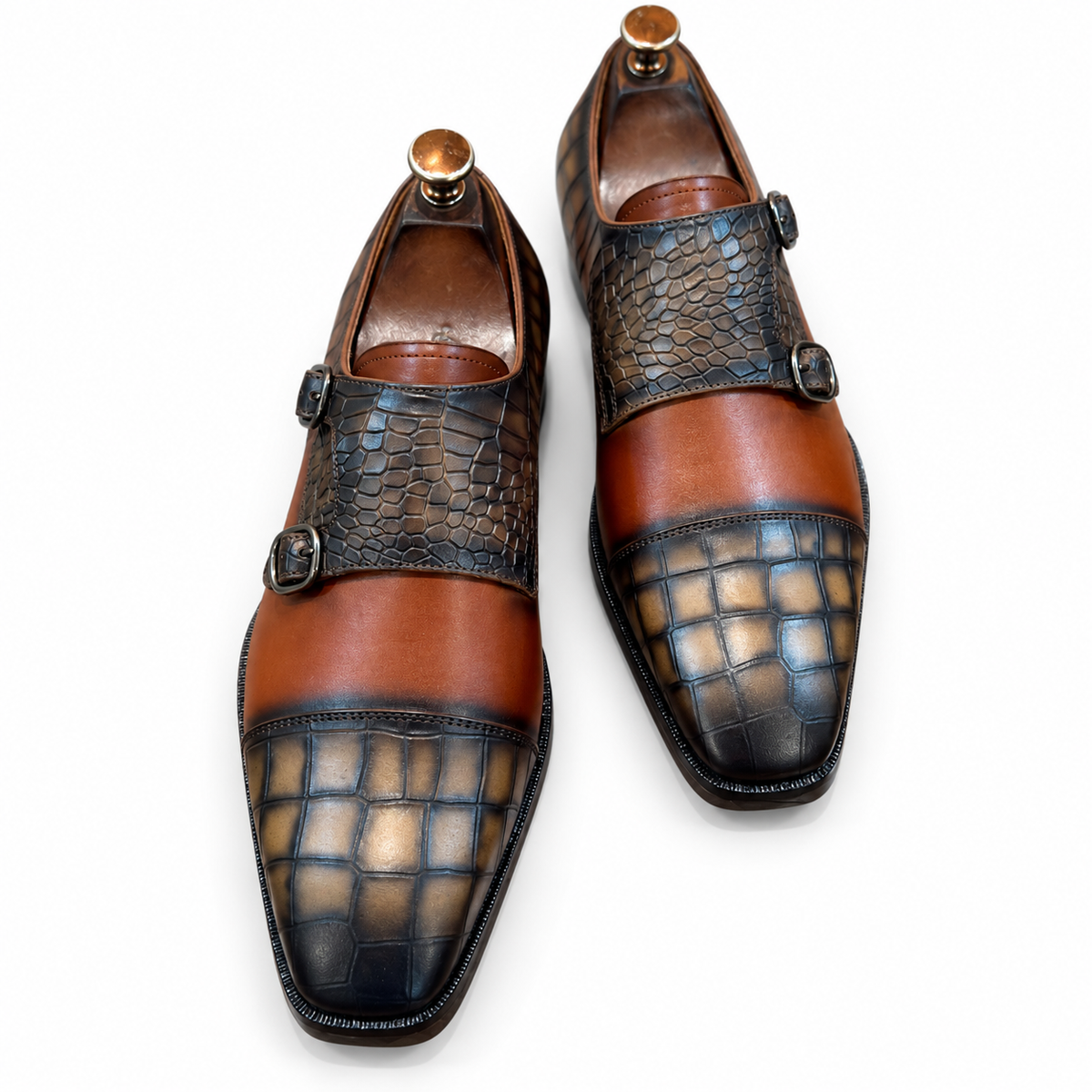 Vantoro – Cognac Brown & Charcoal Double Monk Strap