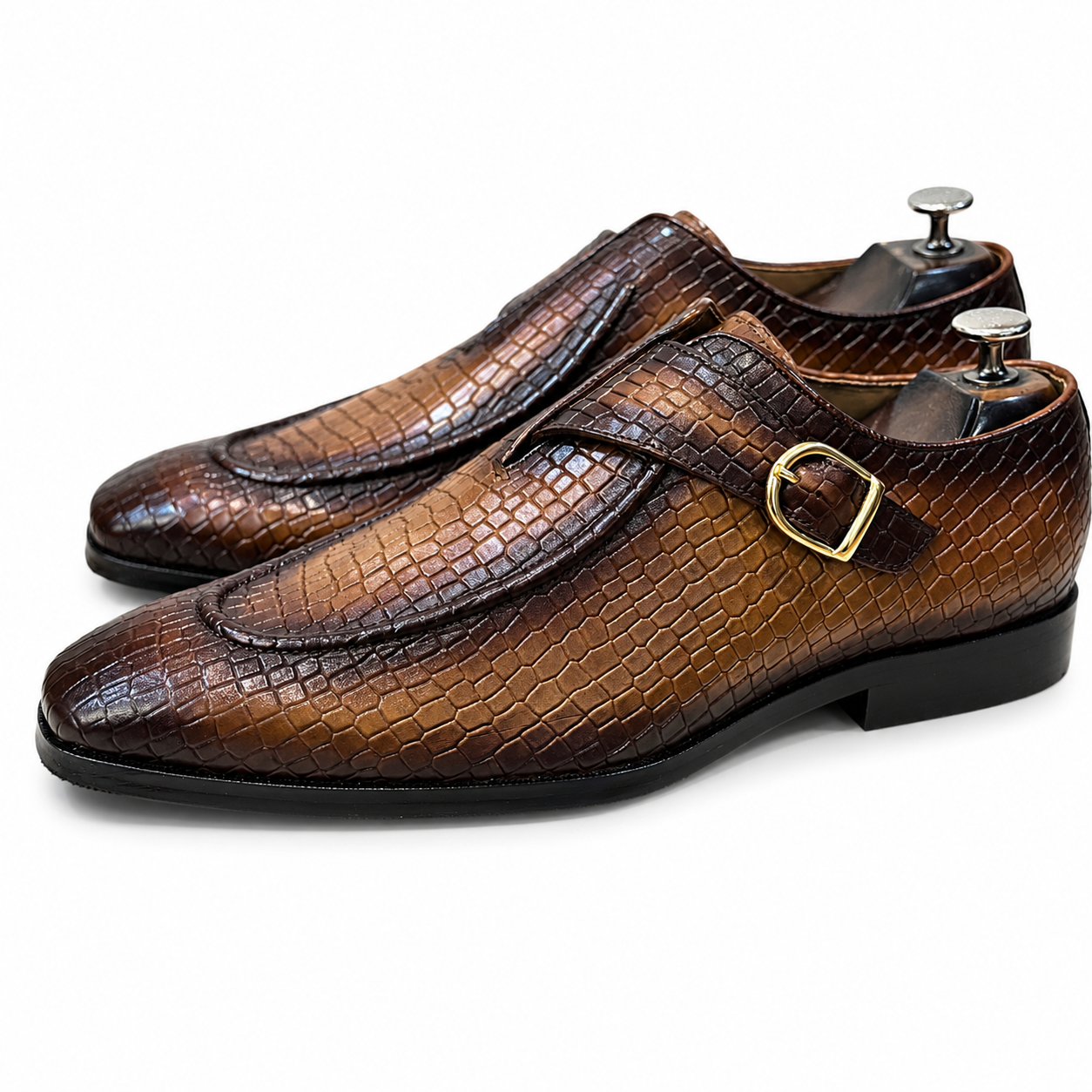 Monaco Croc Monk Strap Shoes Tan