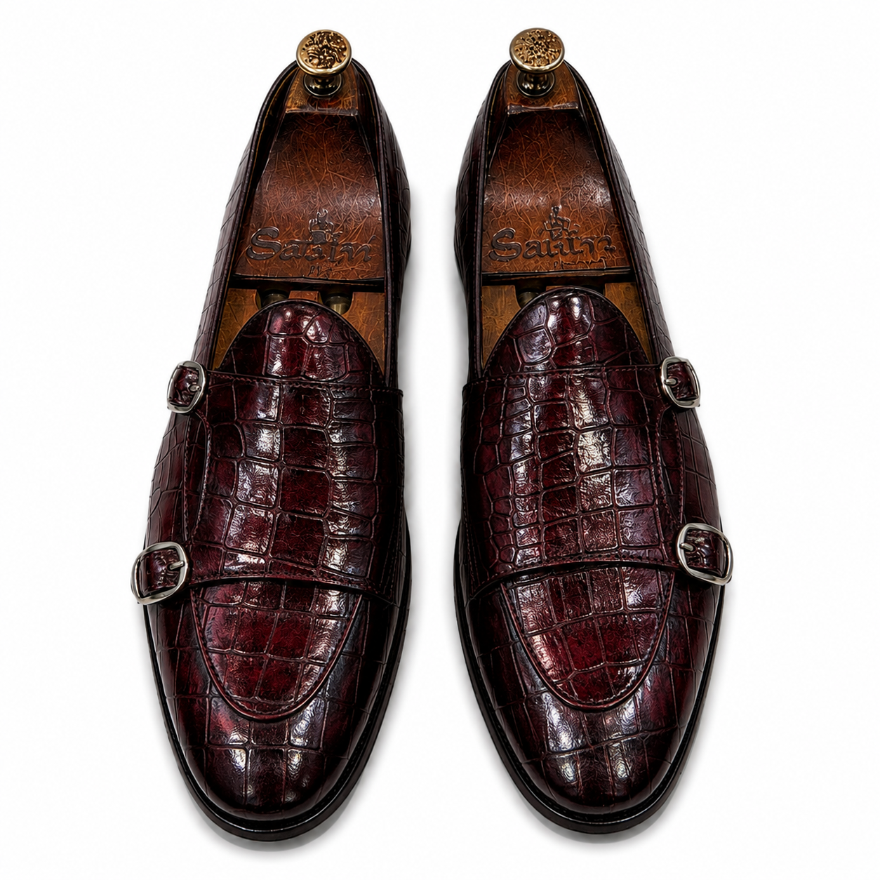 Croc Embossed Double Monk Strap Shoes – Oxblood Burgundy