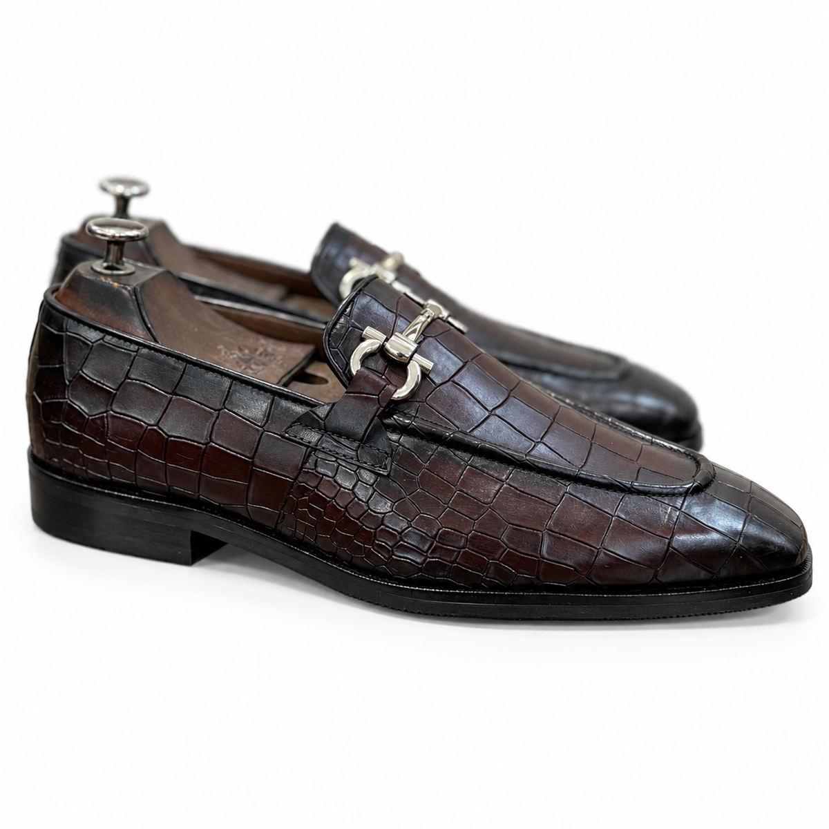 Dark Brown Croc Horsebit Loafers