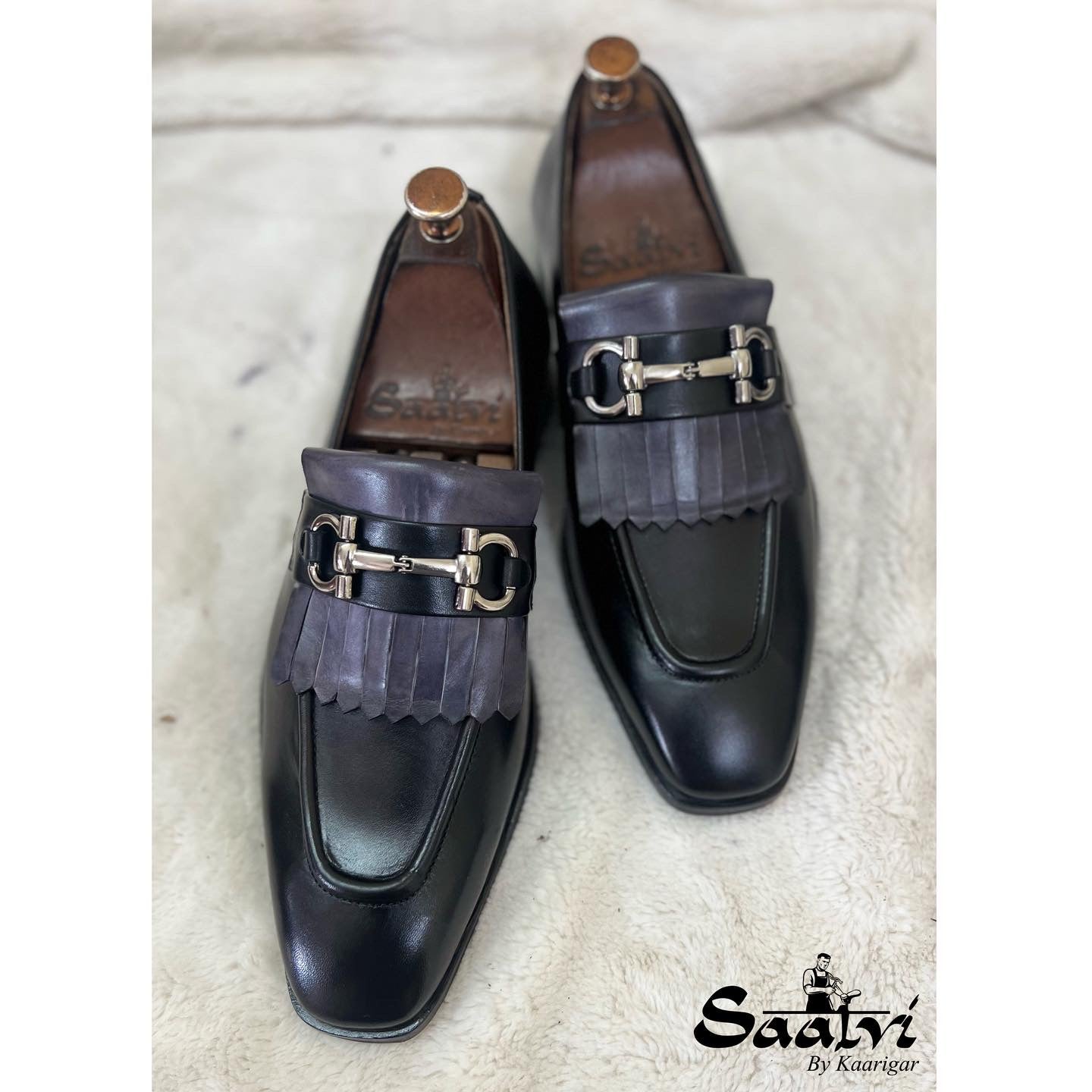 Black Loafers With Grey Fringes
