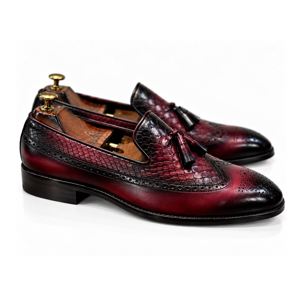 Bordeaux Noir Croc Brogue Tassel Loafers