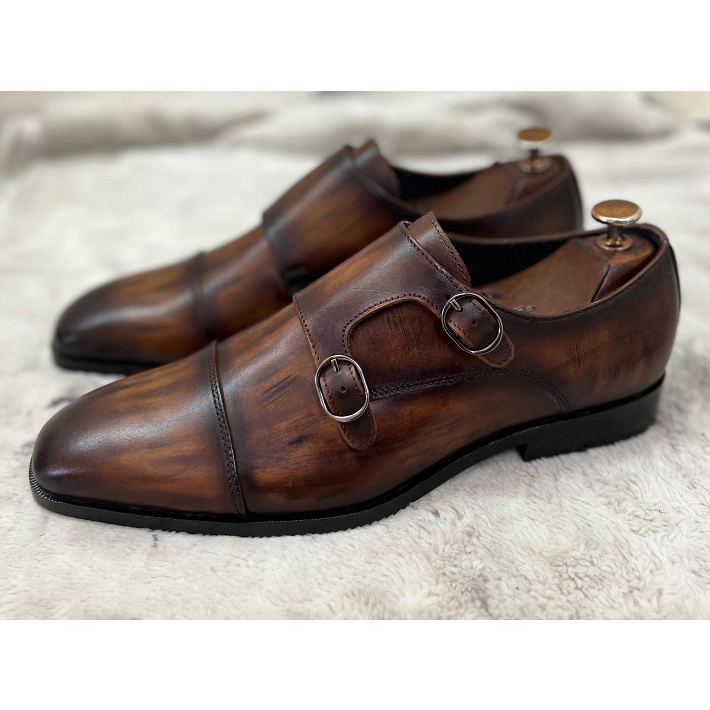 Double Monk Strap Tan Hand Patina