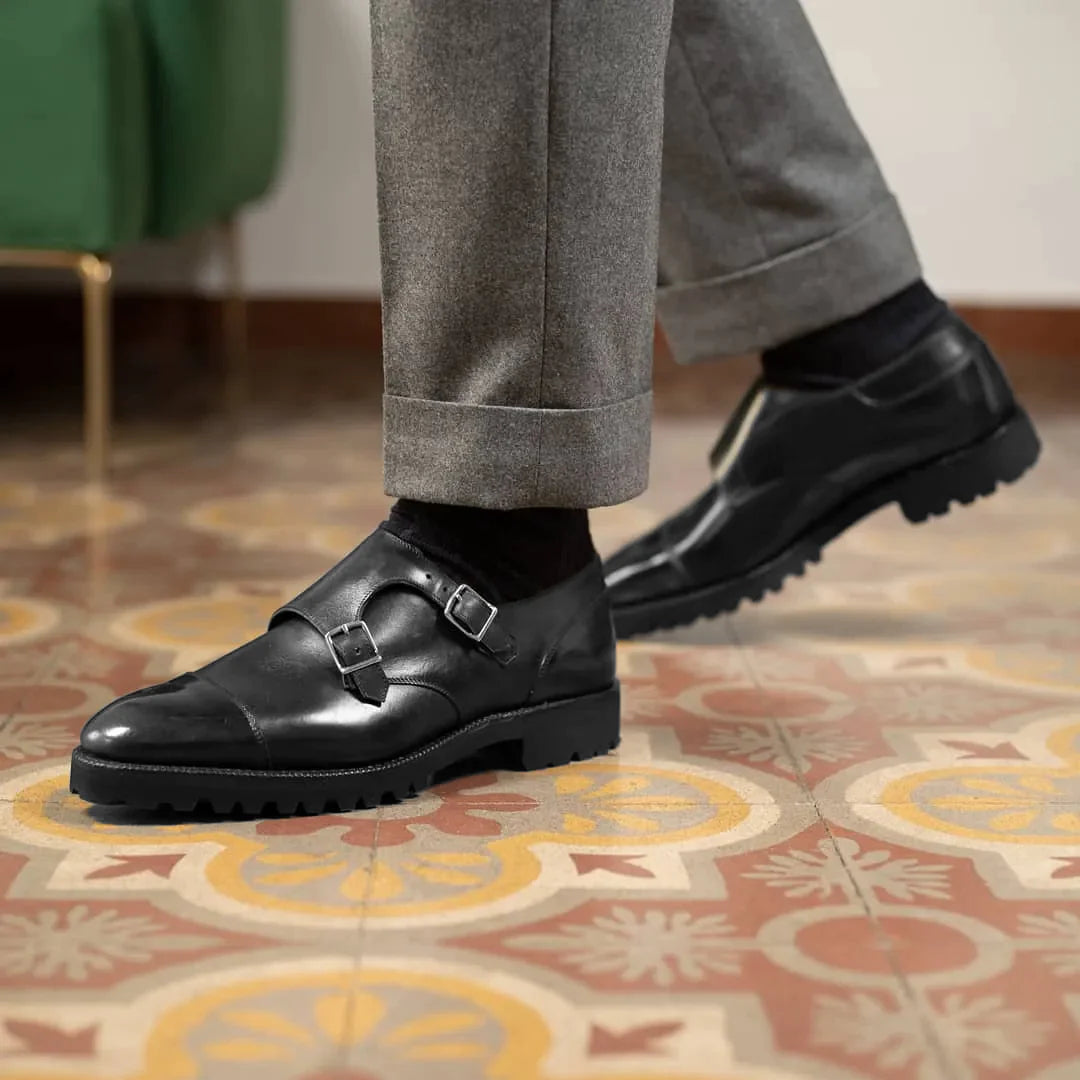 Black Leather Chunky Double Monk Strap