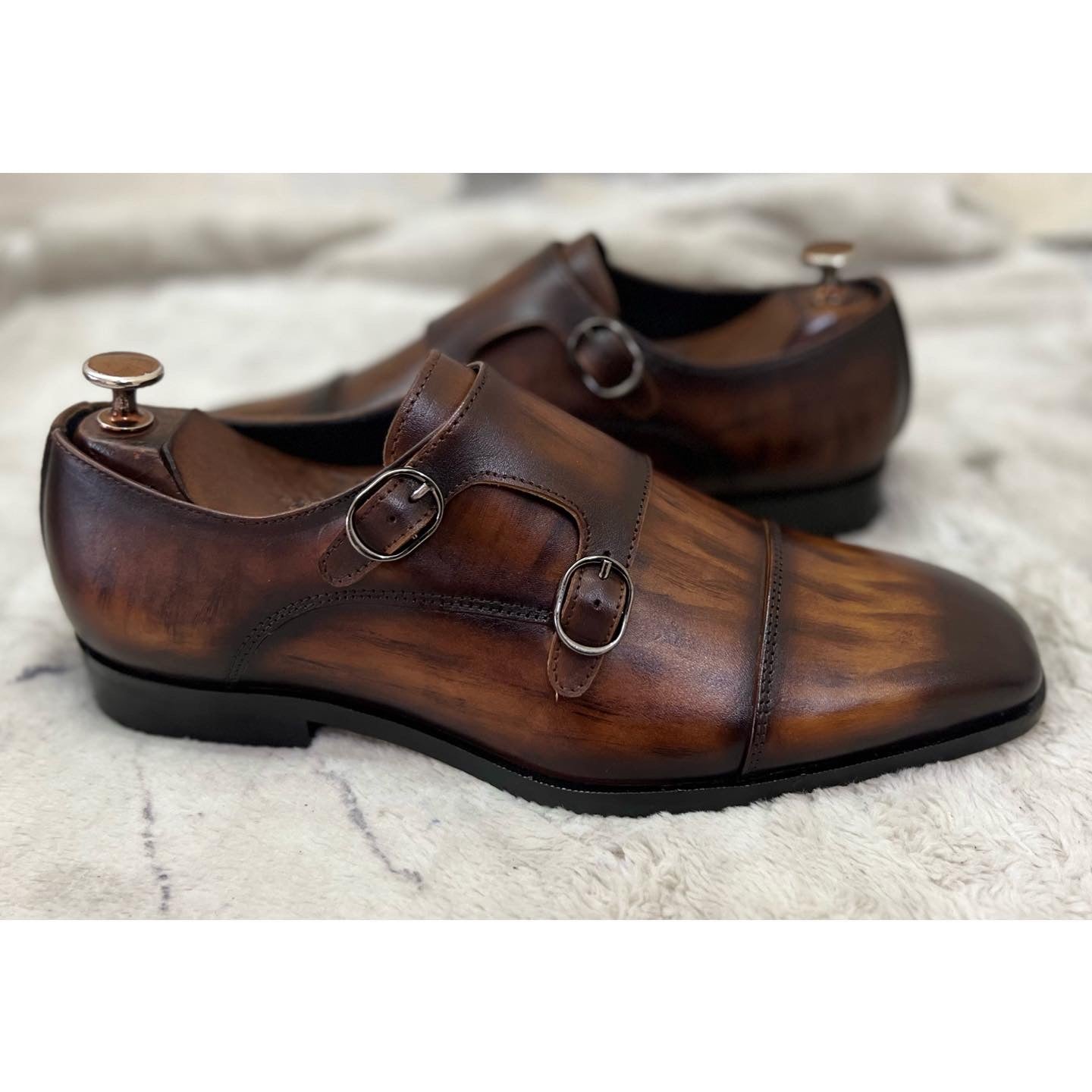 Double Monk Strap Tan Hand Patina