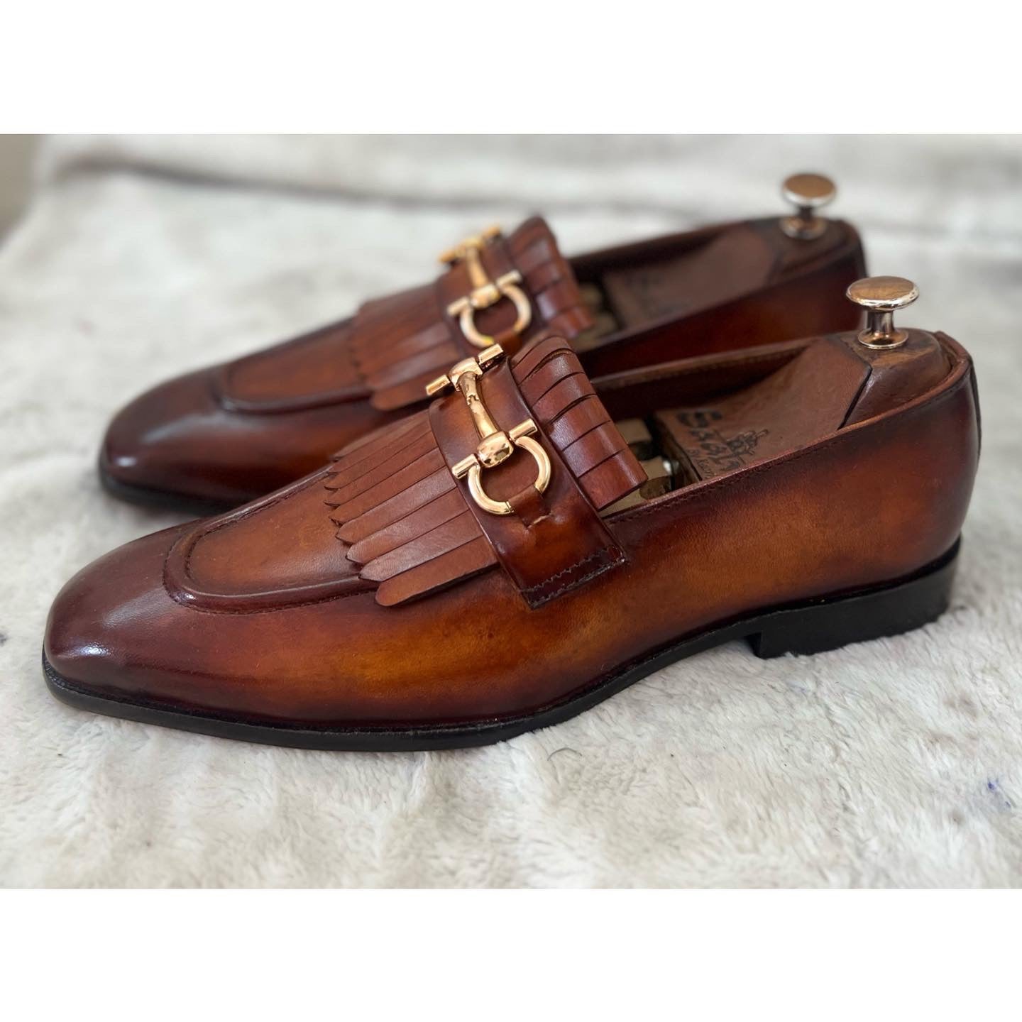 Horsebit Loafers With Fringes Tan