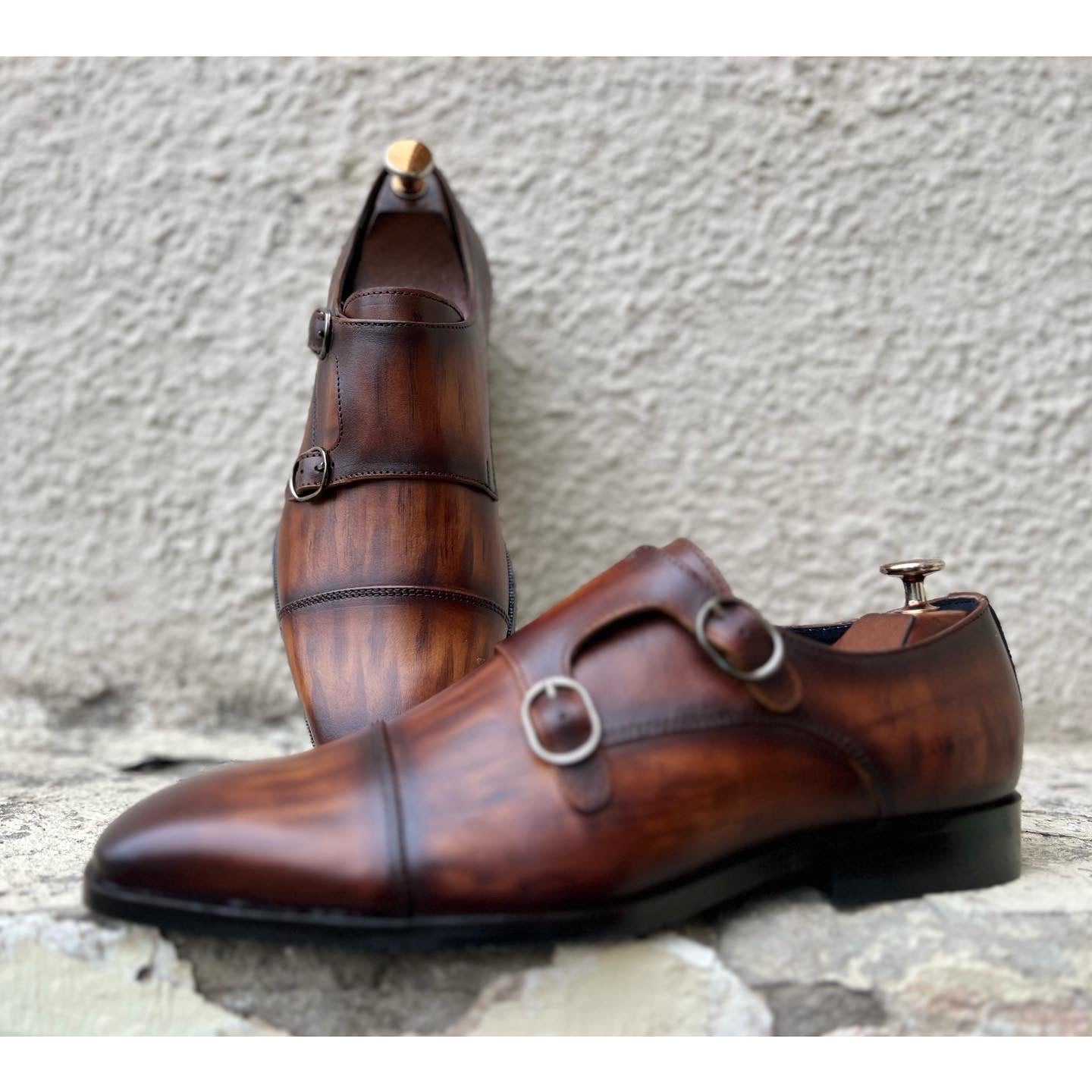 Double Monk Strap Tan Hand Patina