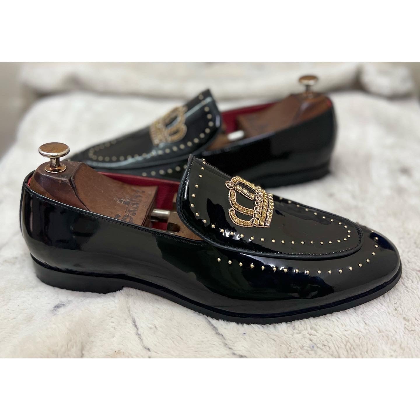 Black Patent Crown Zardosi Slip-Ons