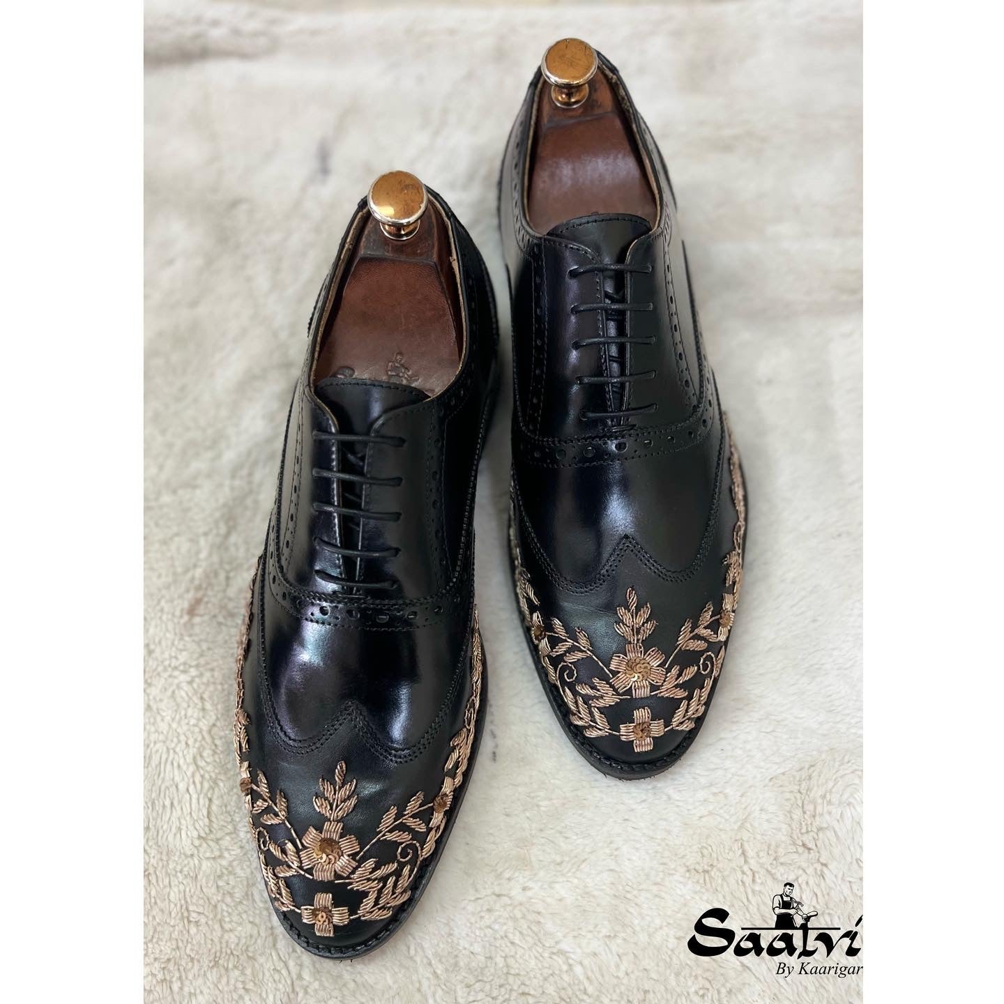 Golden Zardosi Wingtip Black Lace ups