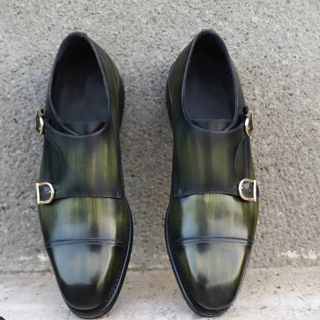 Green Leather Toe Cap Double Monk Straps