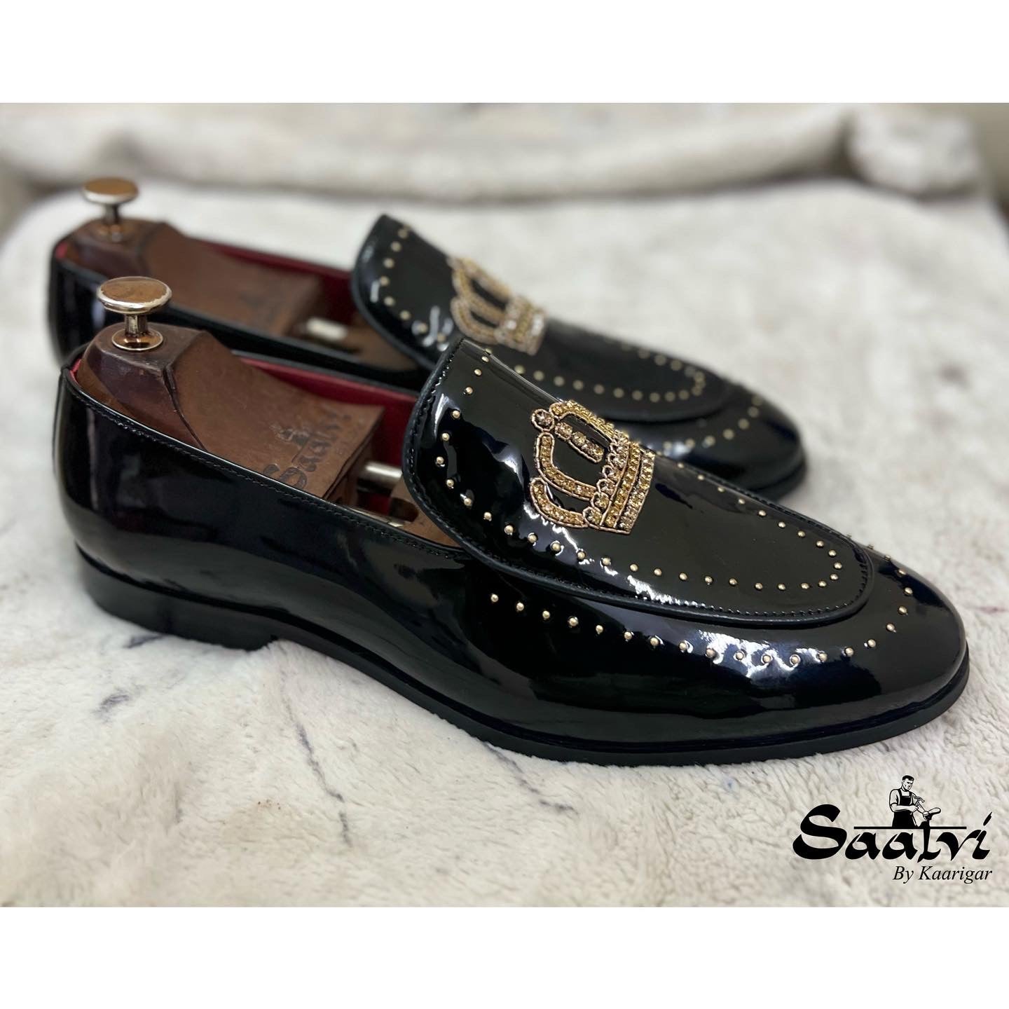 Black Patent Crown Zardosi Slip-Ons