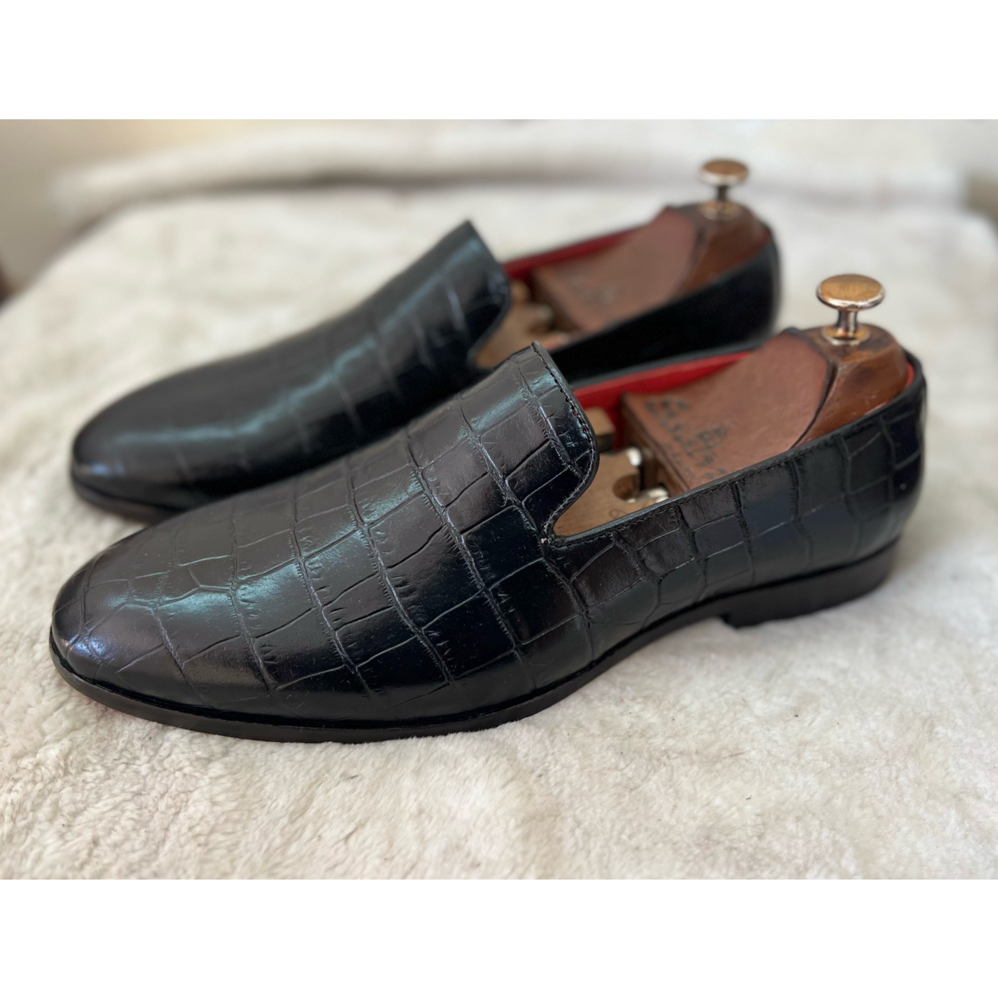 Black Croco Slip-ons