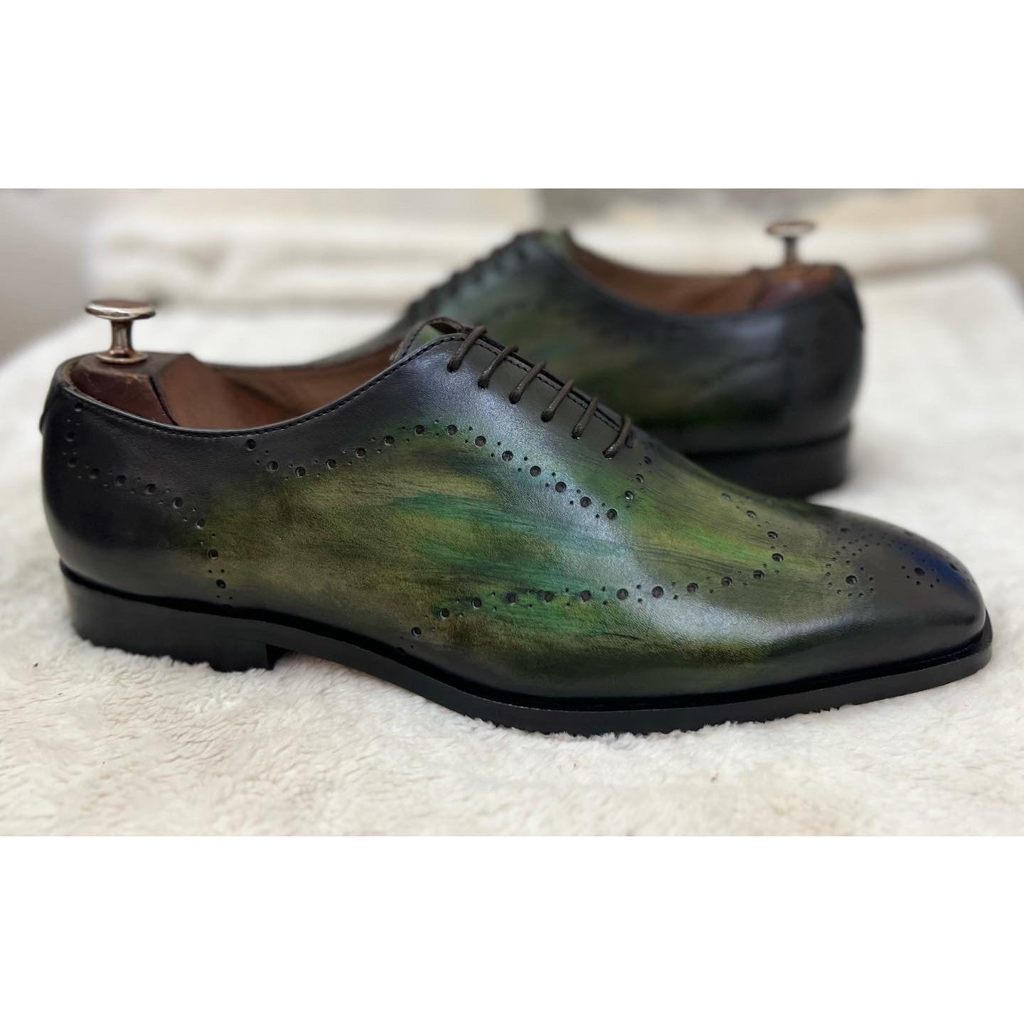 Green Wholecut Laceups Hand Patina