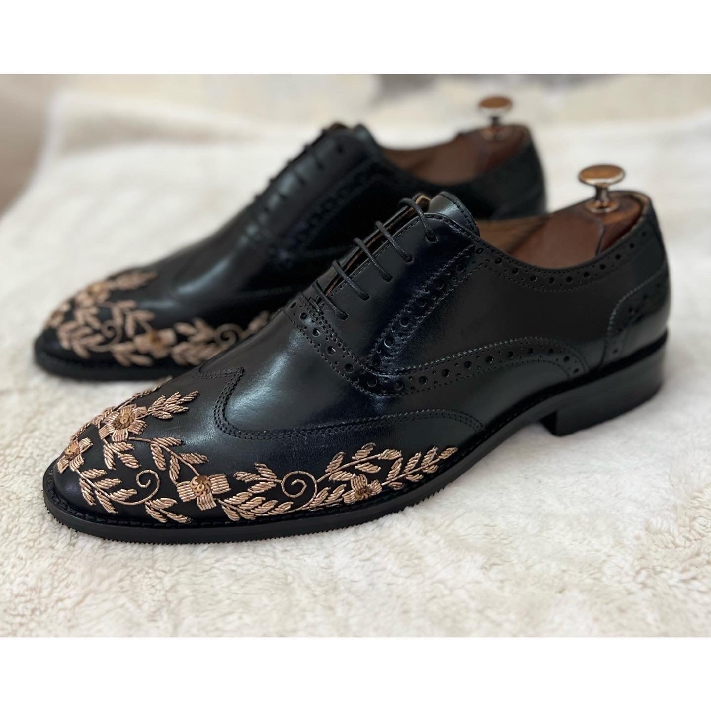 Golden Zardosi Wingtip Black Lace ups