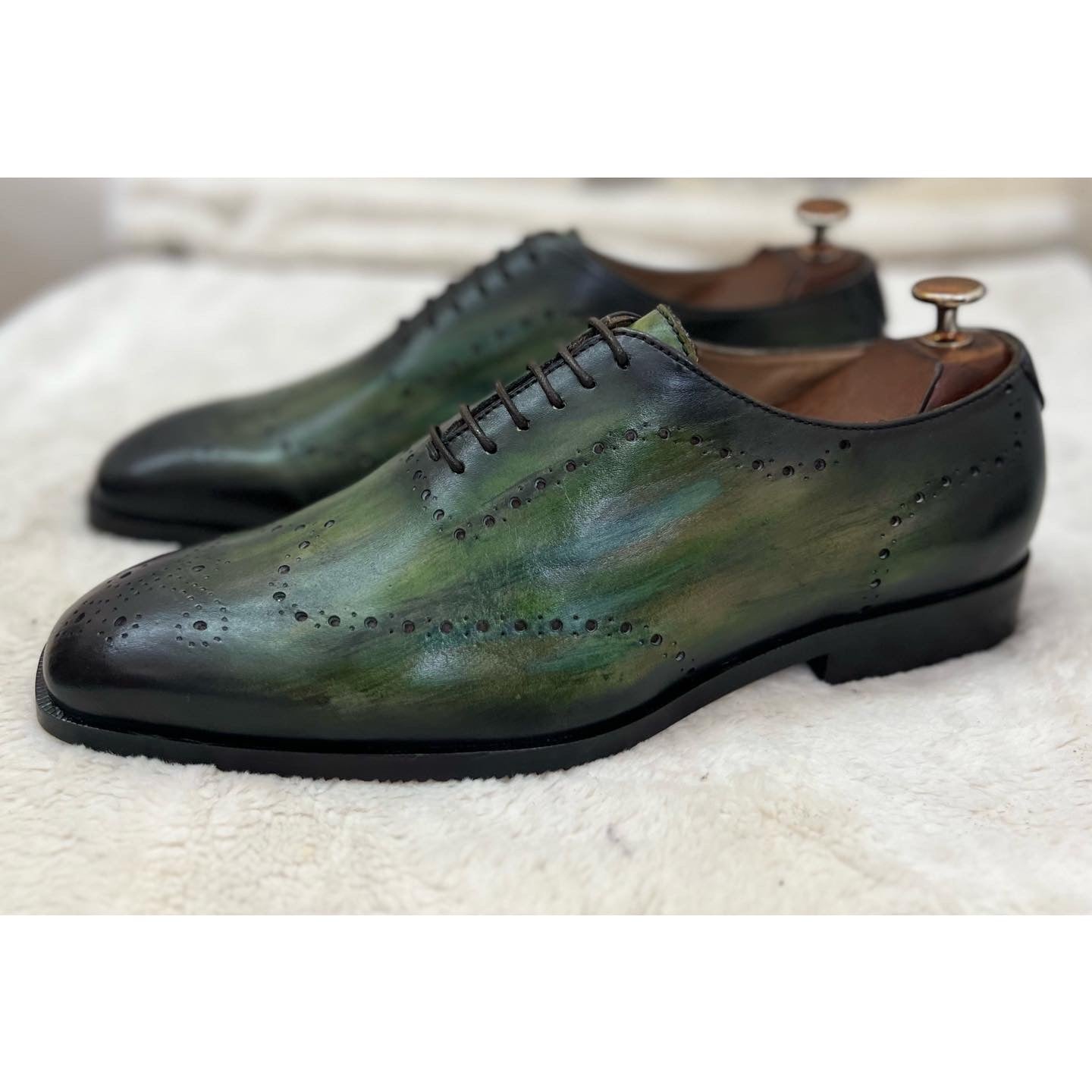 Green Wholecut Laceups Hand Patina