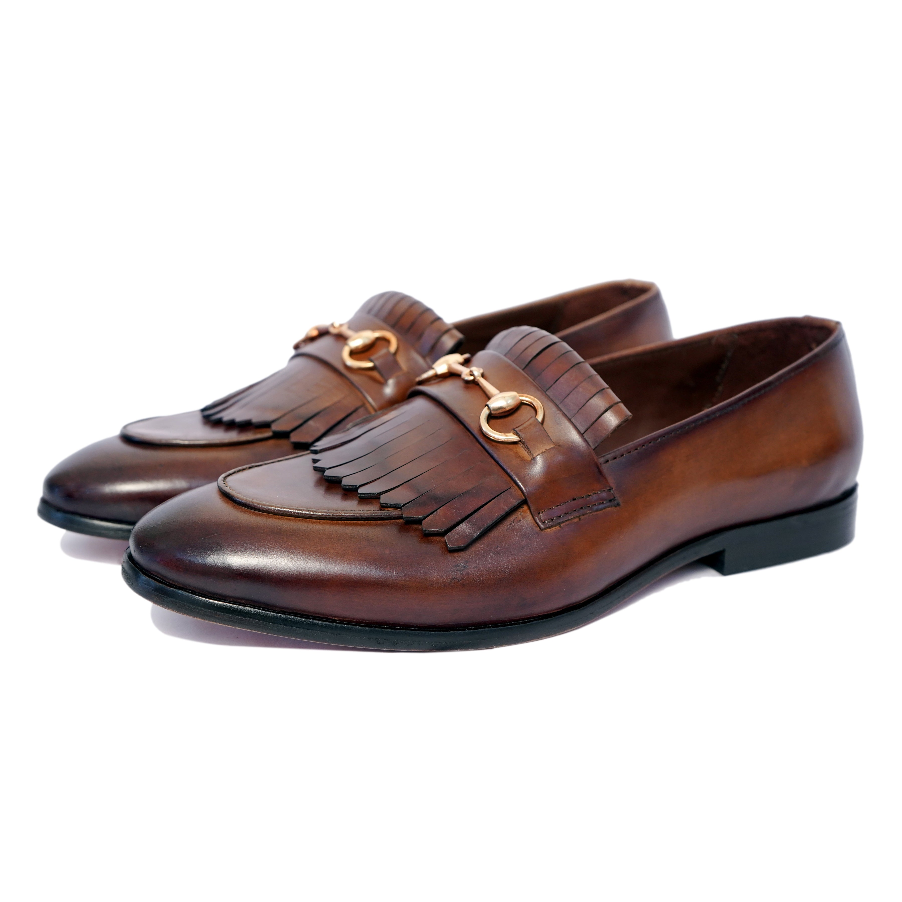 Horsebit Loafers With Fringes Wood Finish